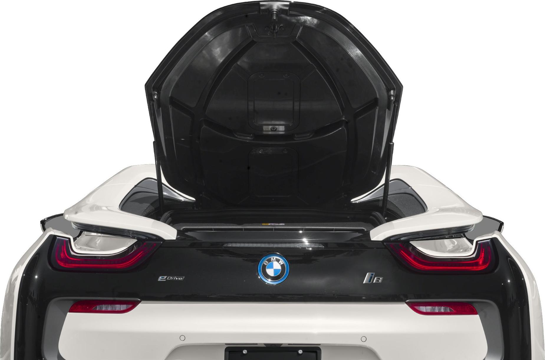 Rear view of BMW i8 Roadster with open trunk and distinct tail lights