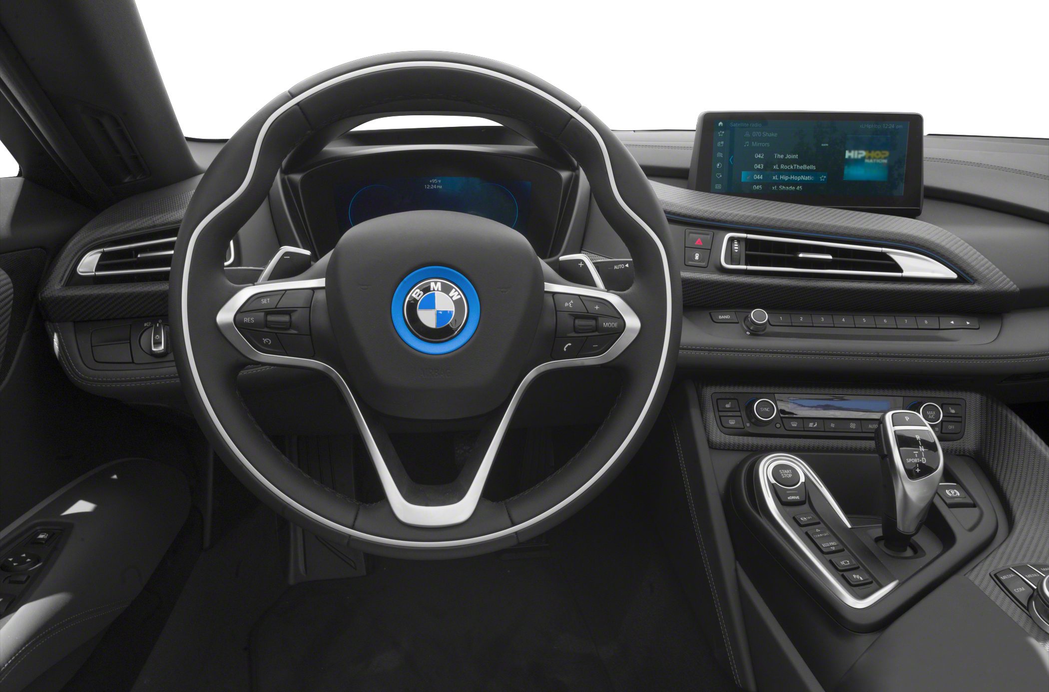 Steering wheel, digital dashboard, center console with gear shifter and controls