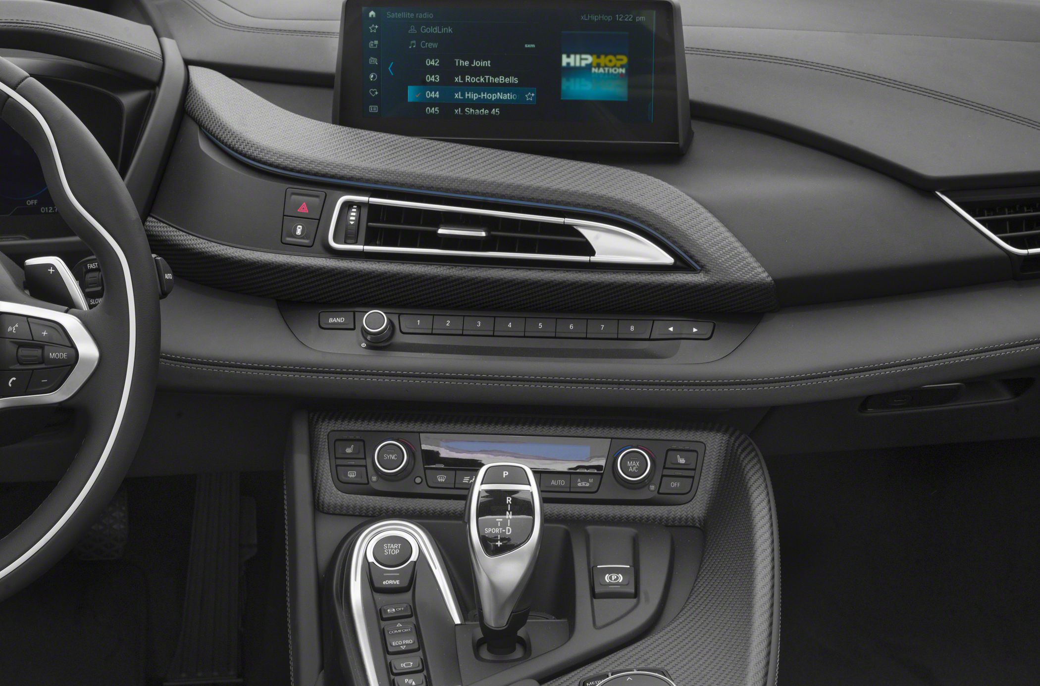 Interior dashboard and center console with infotainment and gear shifter