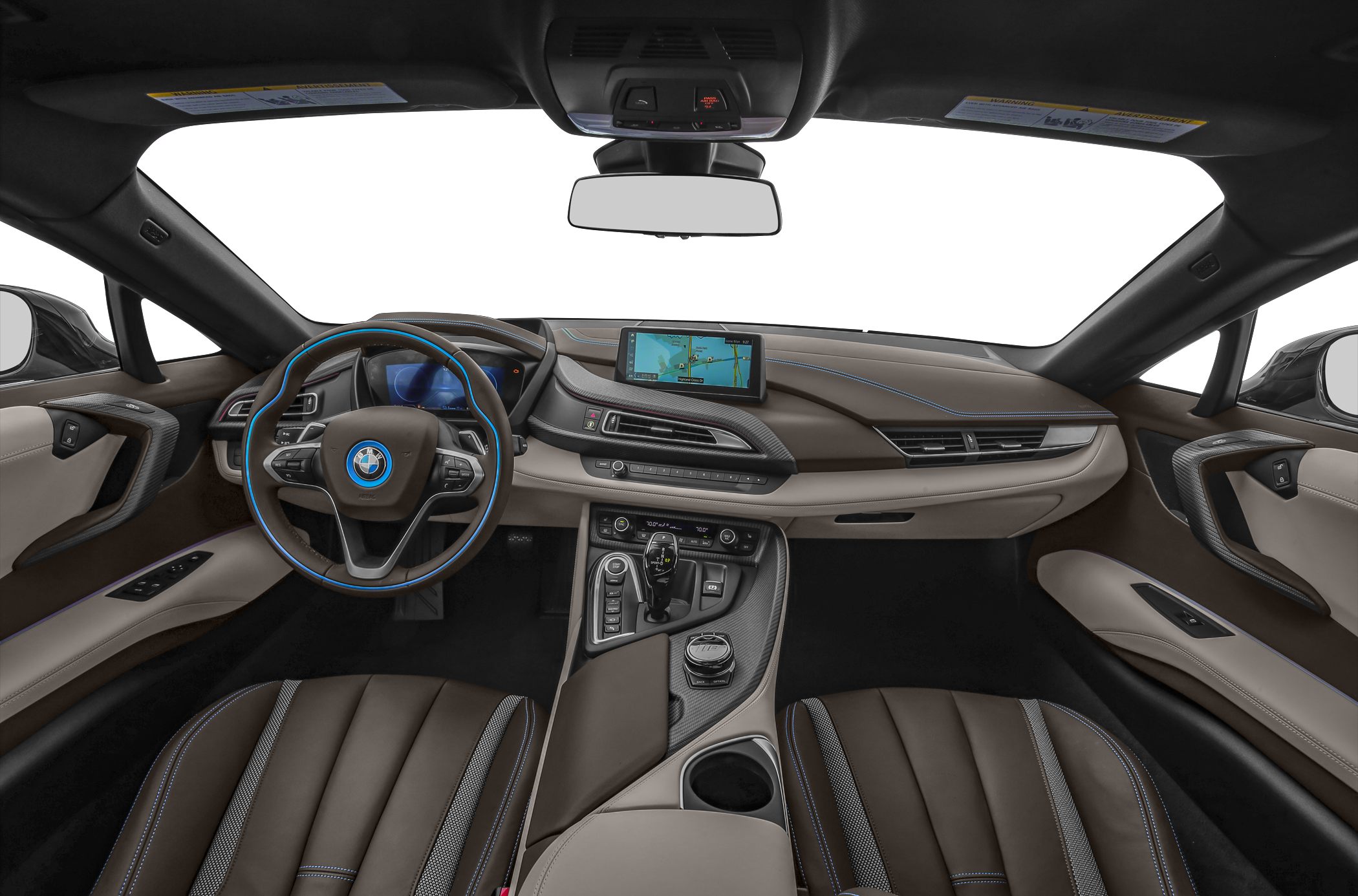 Luxury car interior with digital dashboard and multifunction steering wheel