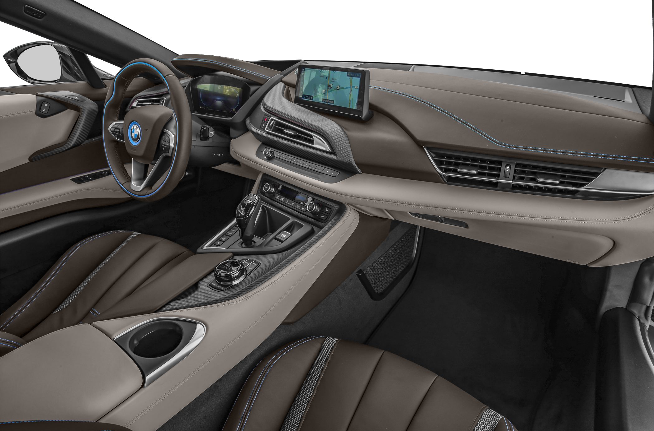 High-tech dashboard, leather seats, carbon fiber trim, navigation display