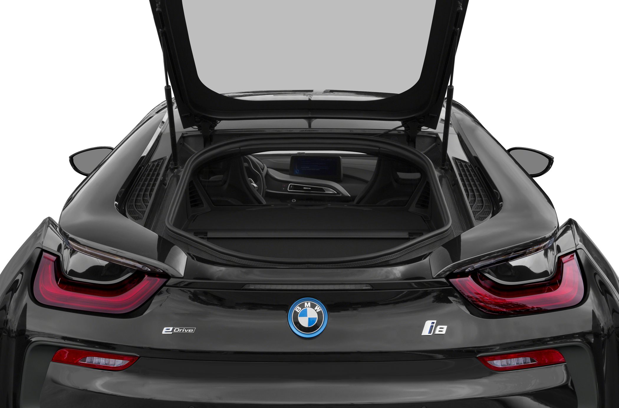 Open rear trunk with distinctive taillights and eDrive badge