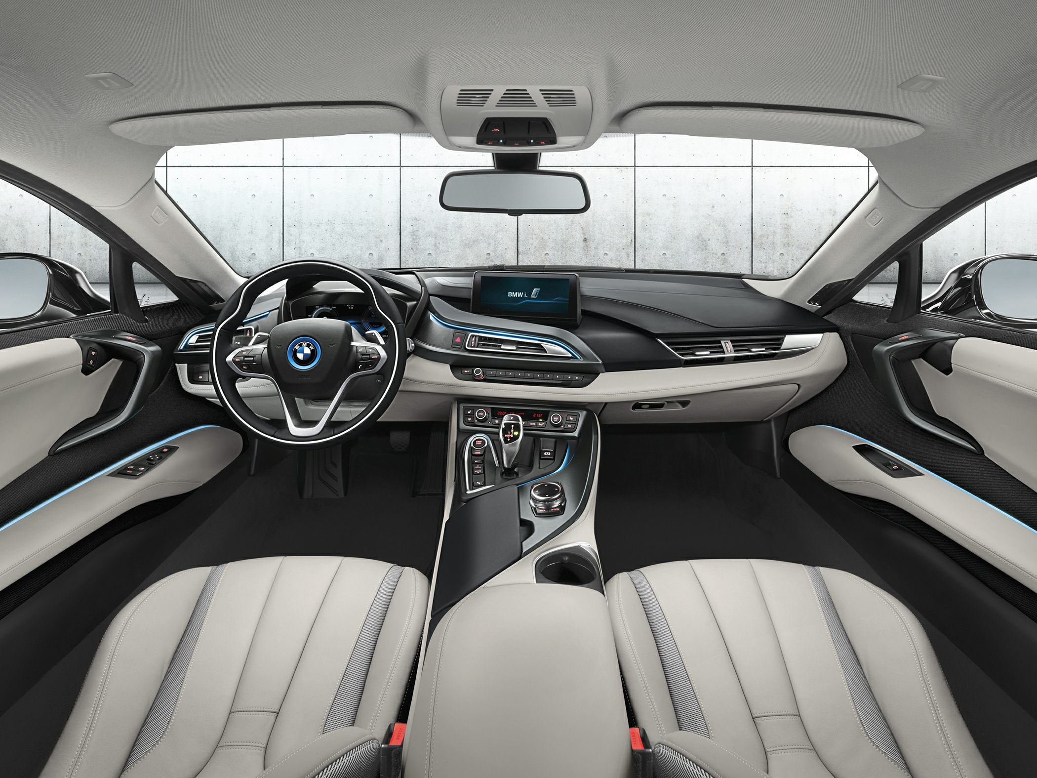 Modern interior with dashboard, steering wheel, seats