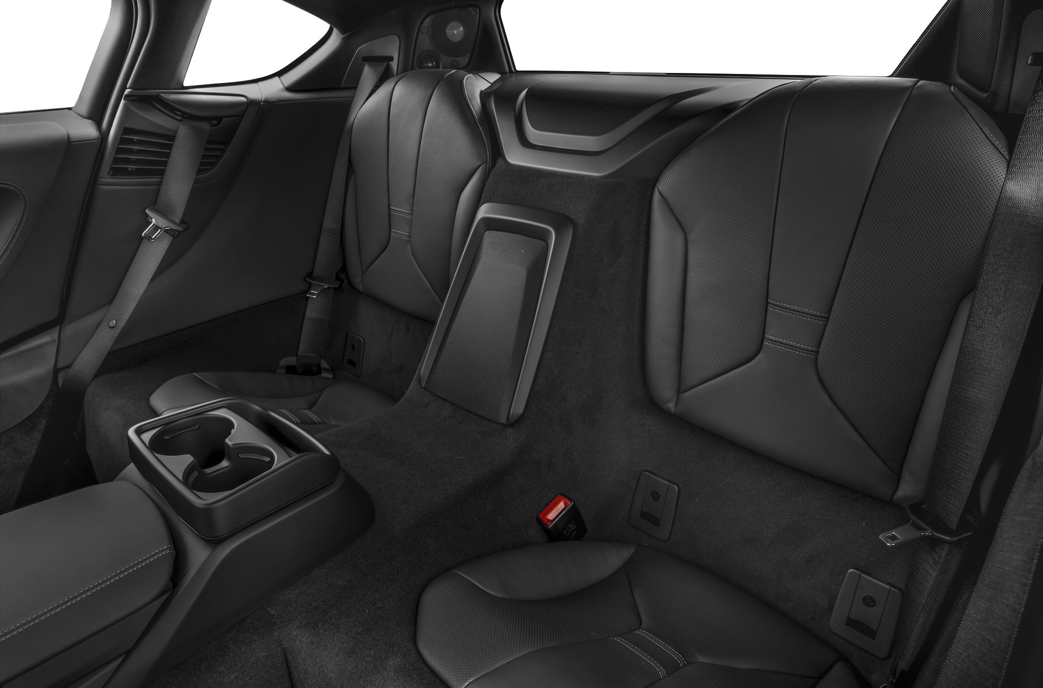 Black leather rear seats with cup holders and seatbelts