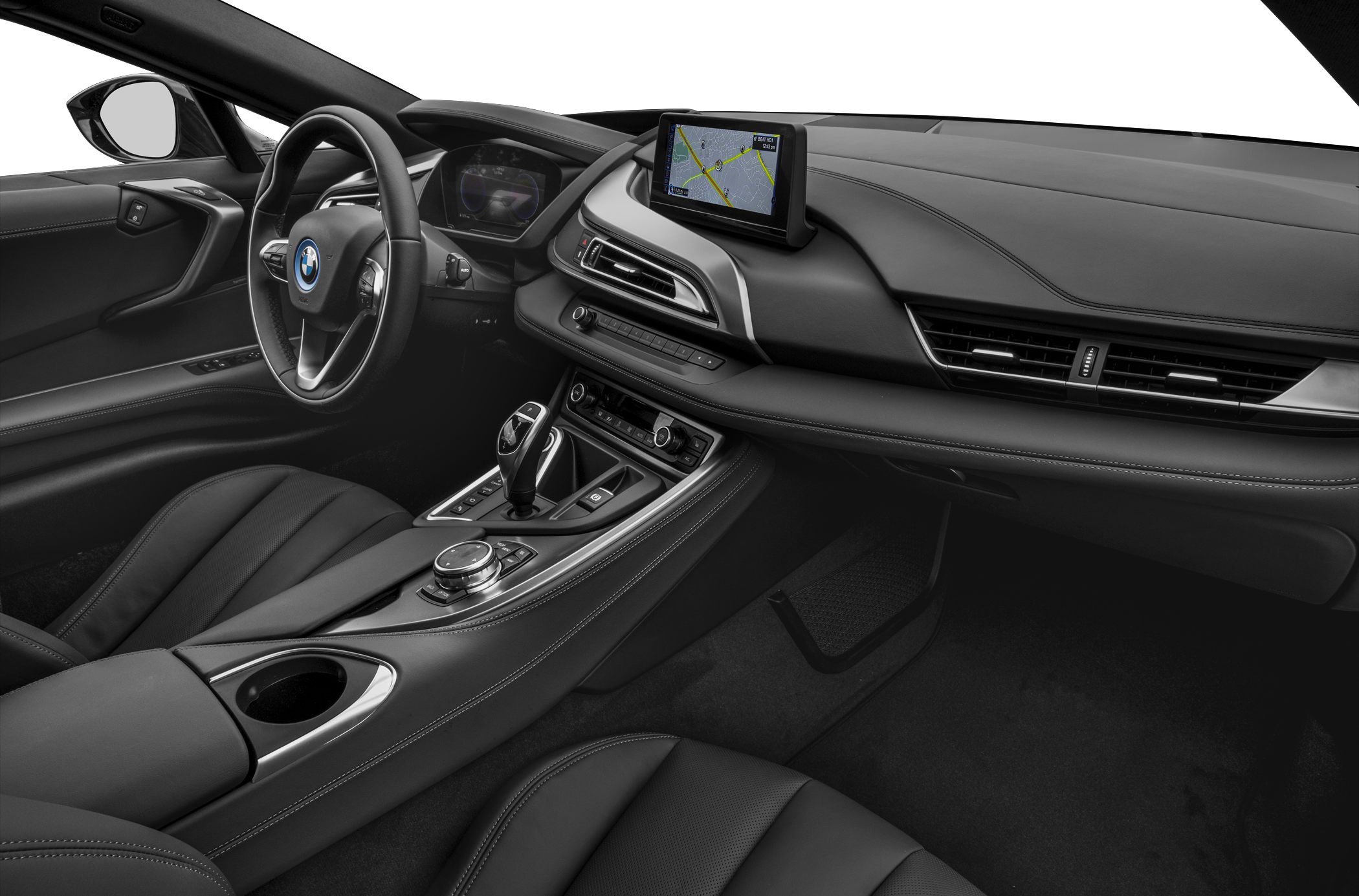 Modern car interior with digital navigation display and premium controls