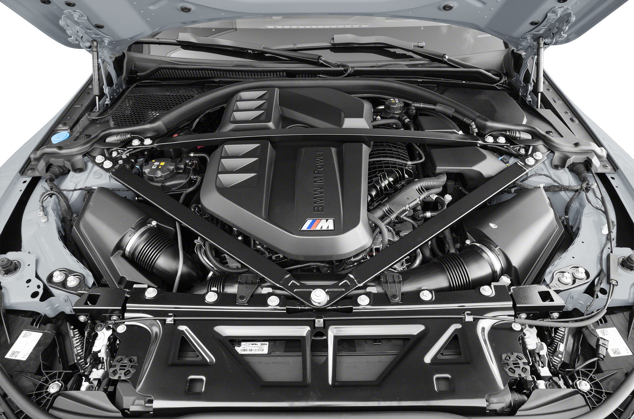 BMW M4 engine bay with M Power cover and metal strut brace