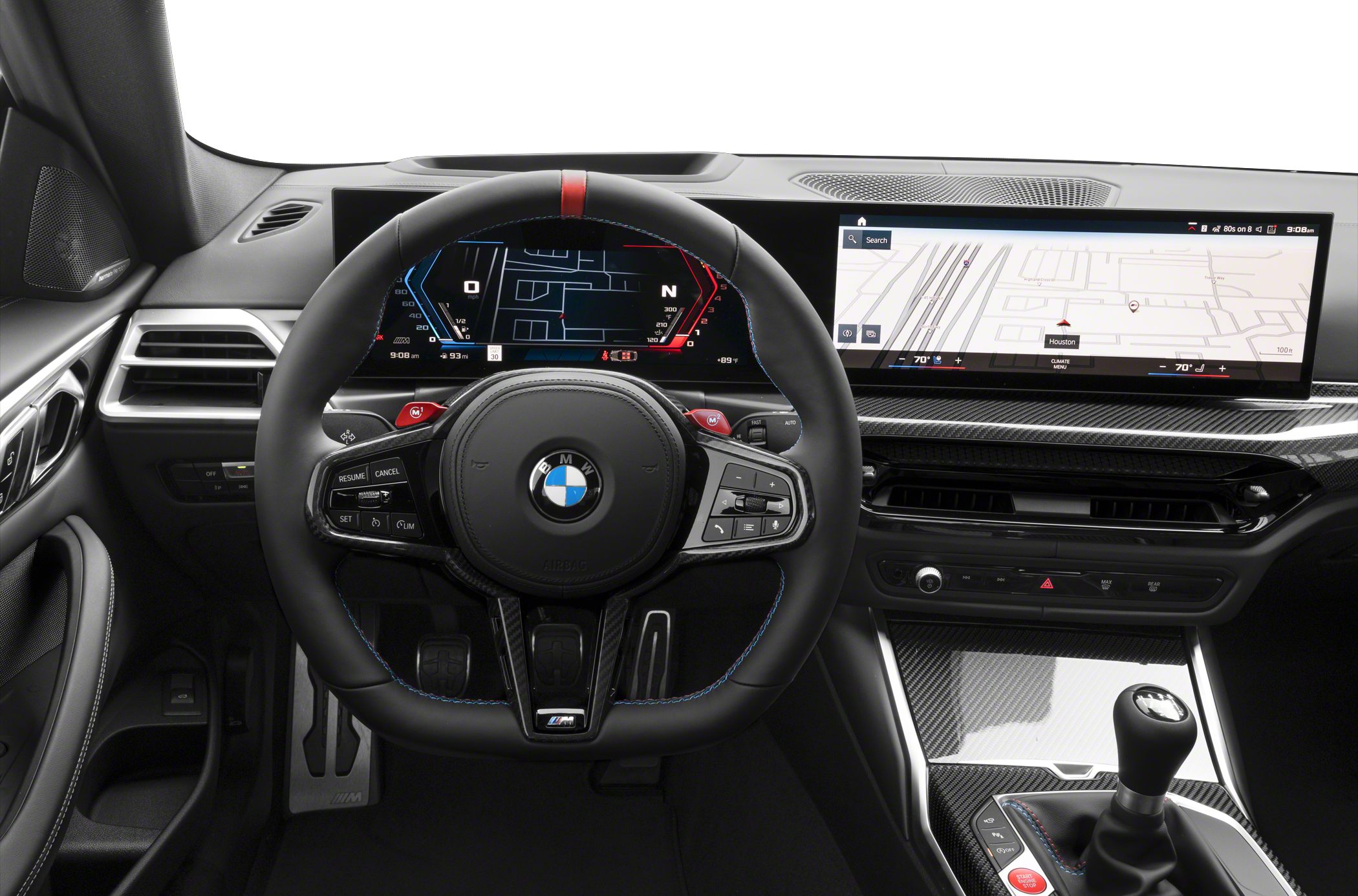 Digital instrument cluster and navigation screen with sporty steering wheel and carbon fiber interior trim