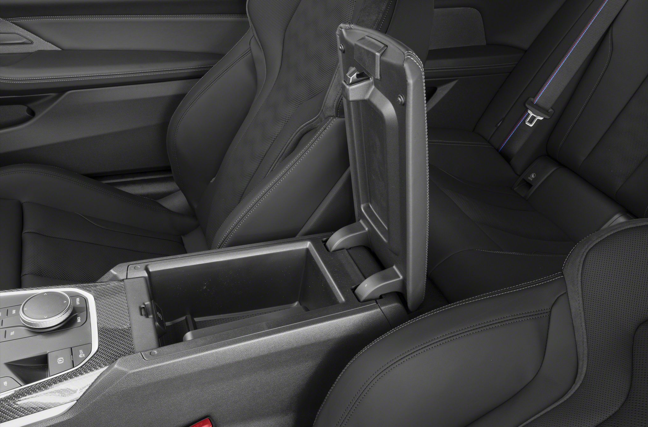Center console storage compartment and premium leather seats.