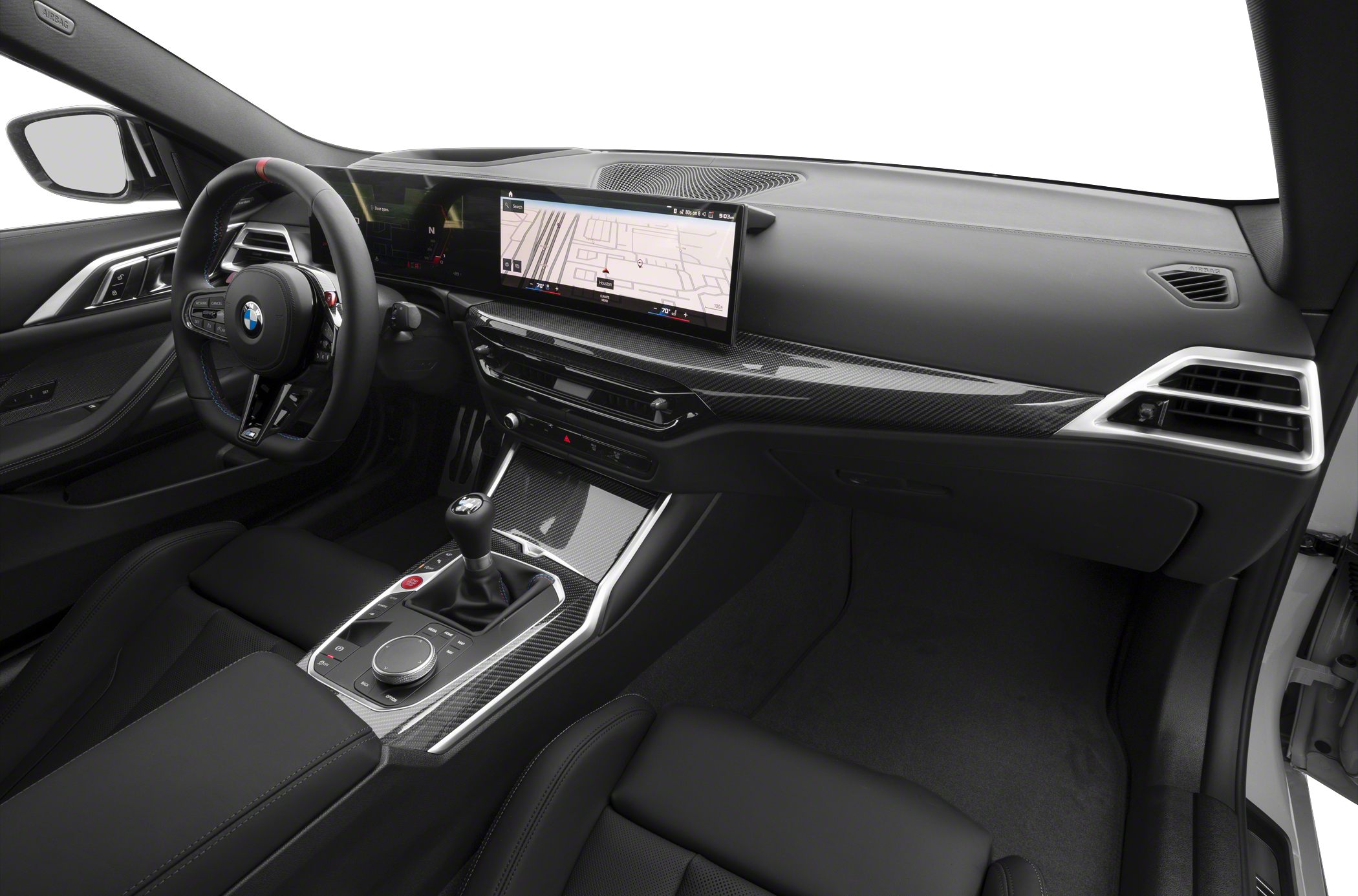 BMW interior with manual shifter and digital navigation display
