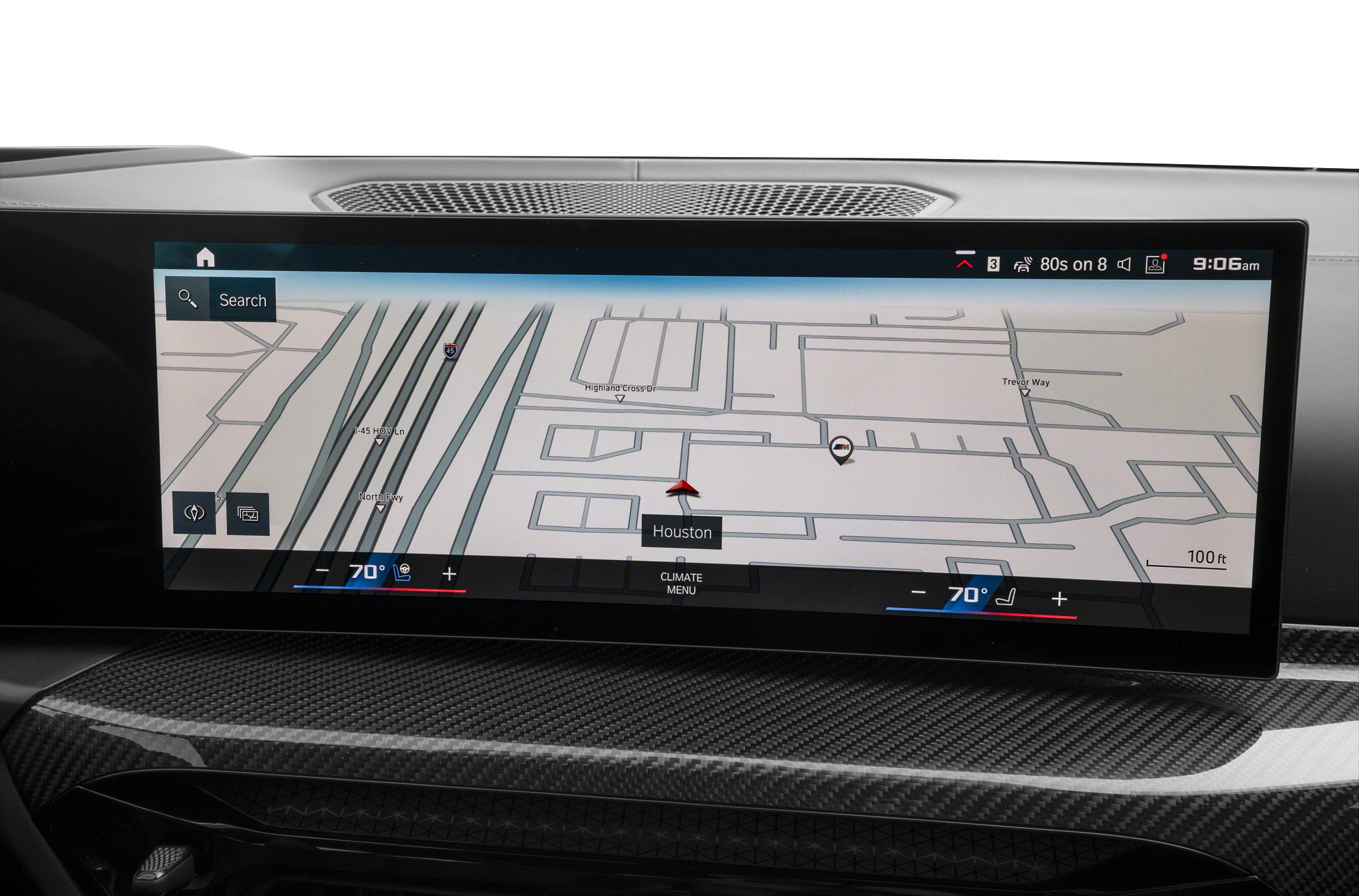 Touchscreen navigation with Houston map, dual-zone climate control at 70°F, carbon fiber trim.
