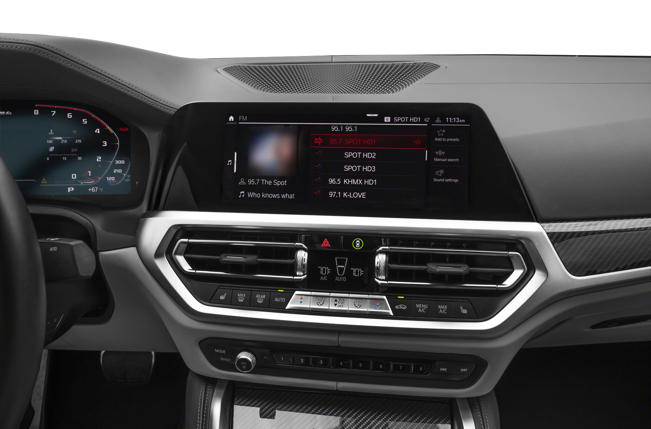 Digital instrument cluster and infotainment system with climate control buttons