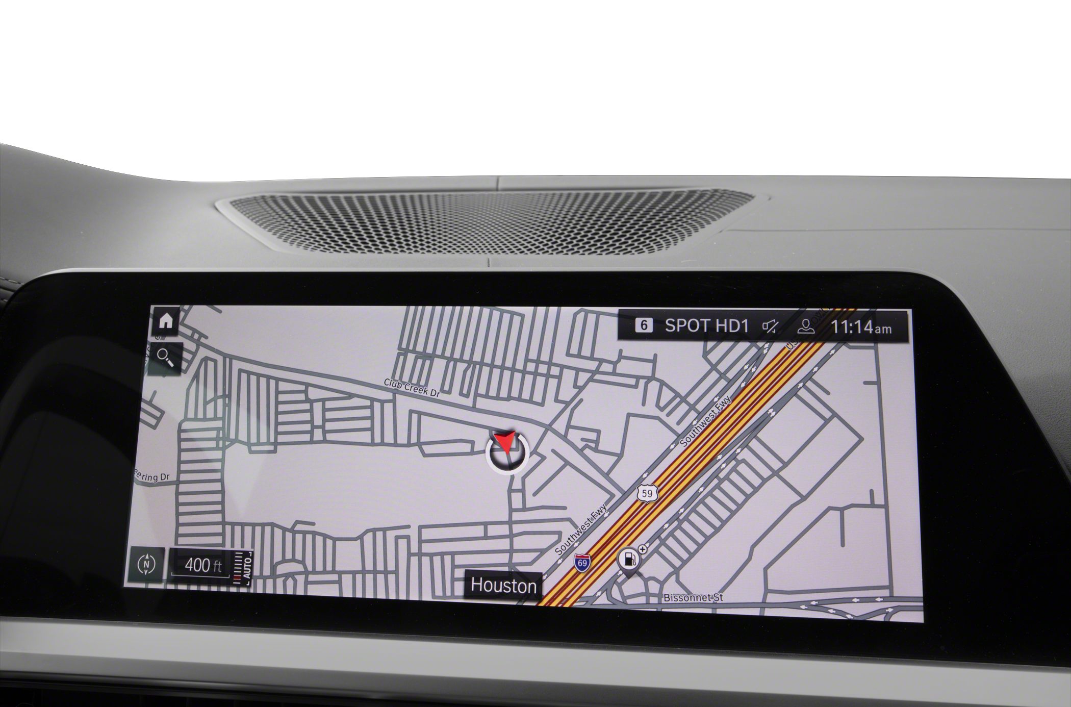 High-resolution car navigation display showing map and GPS location