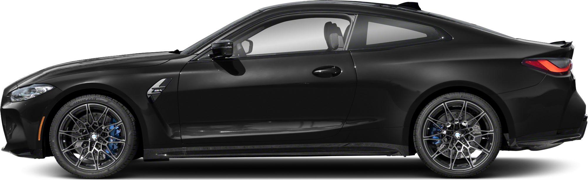 Side profile of a black coupe with detailed alloy wheels and aerodynamic shape.