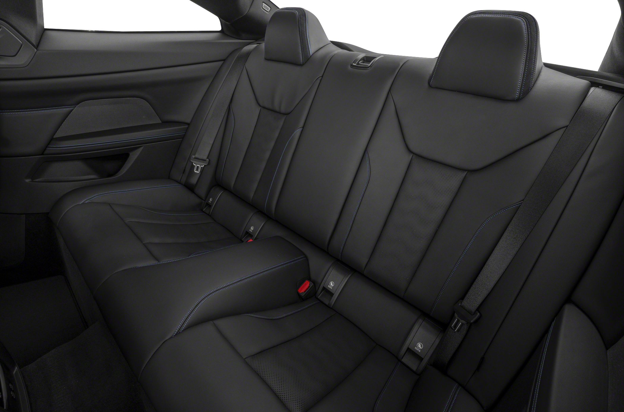 Black leather rear seats with blue stitching and redesigned rear headrests
