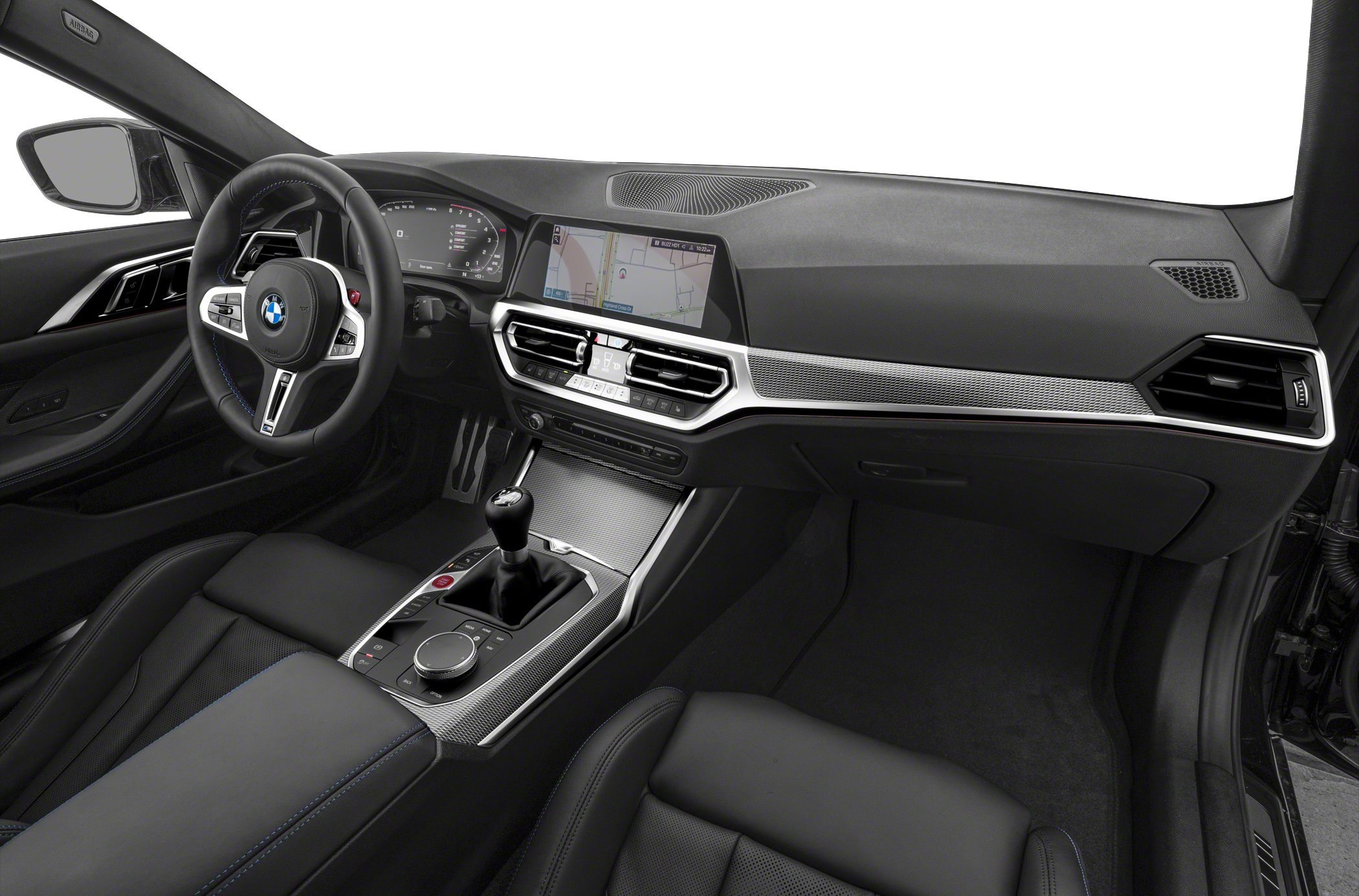 Modern car interior with manual transmission and infotainment display