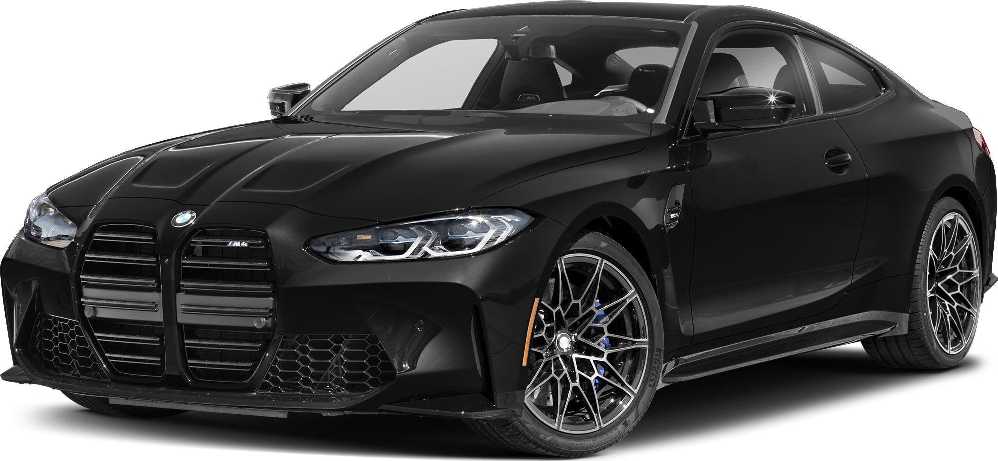 Black coupe with large kidney grille and sporty alloy wheels, modern LED headlights