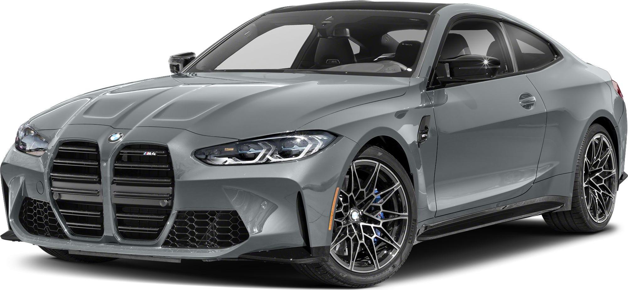 Front angle view of gray coupe with kidney grille and alloy wheels