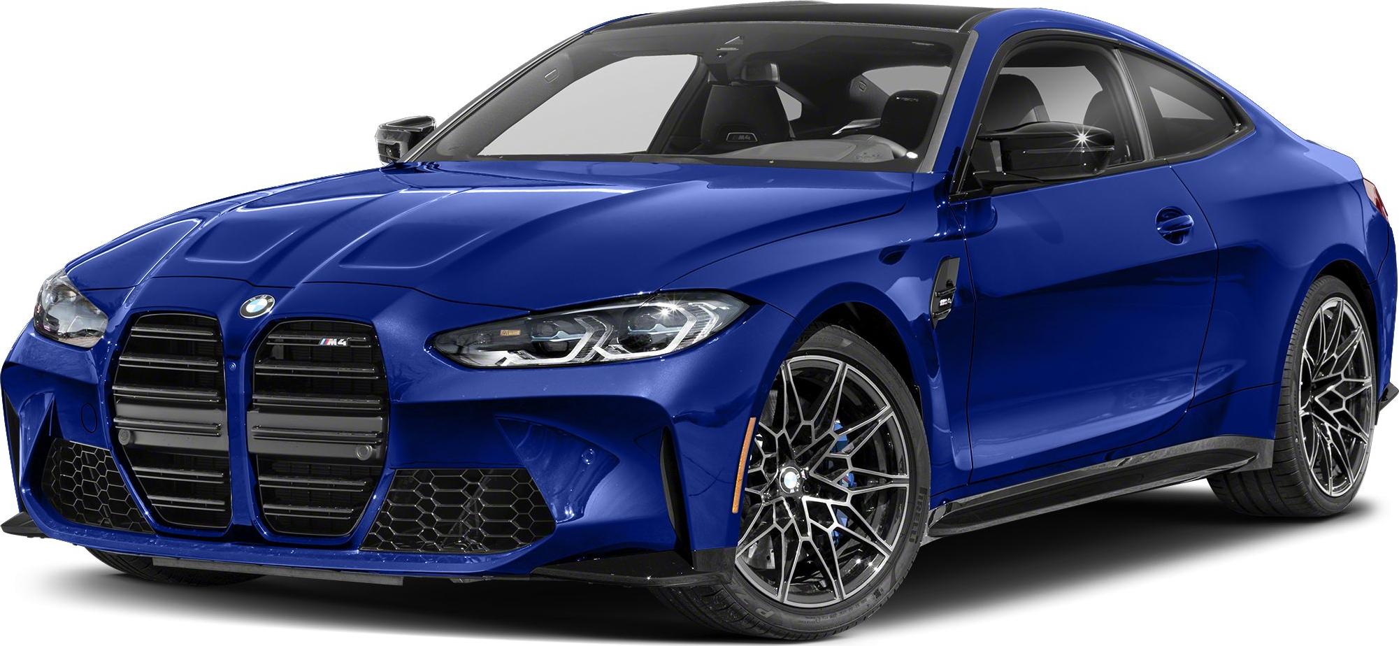 Bold front kidney grille and sharp LED headlights of a blue sports coupe