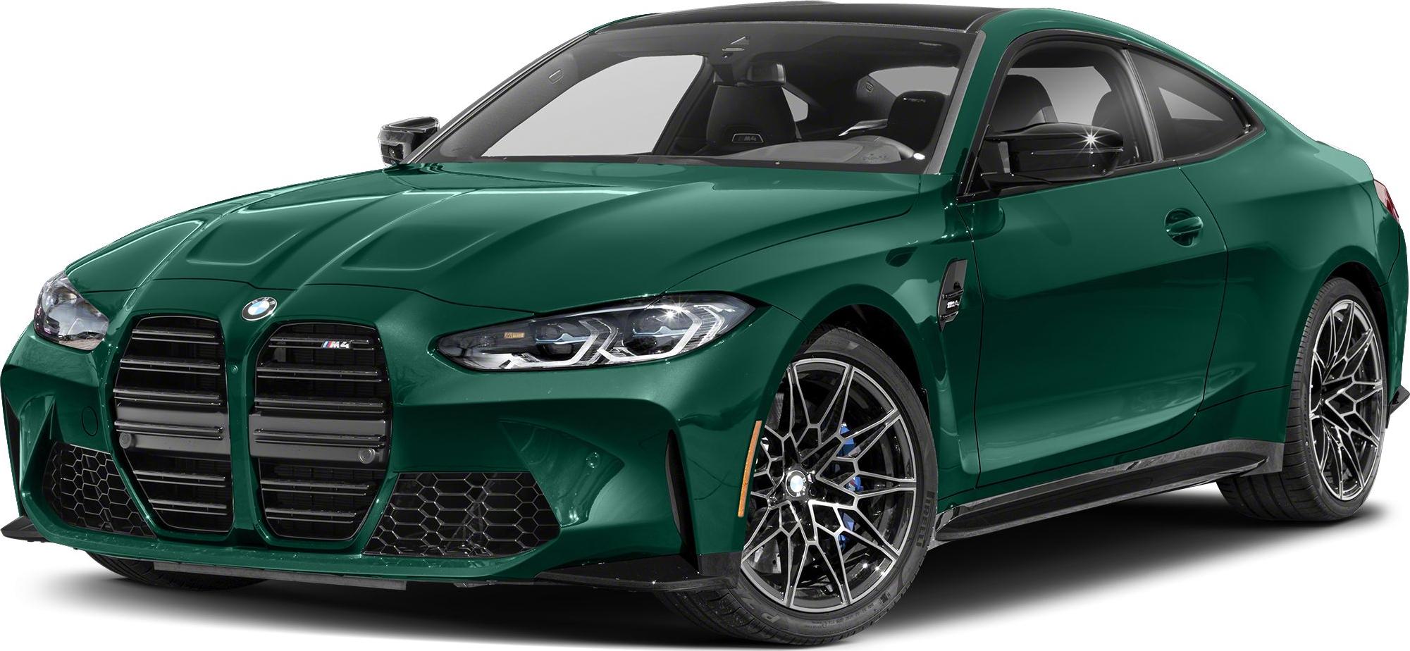 Front view of sporty coupe with large grille and alloy wheels