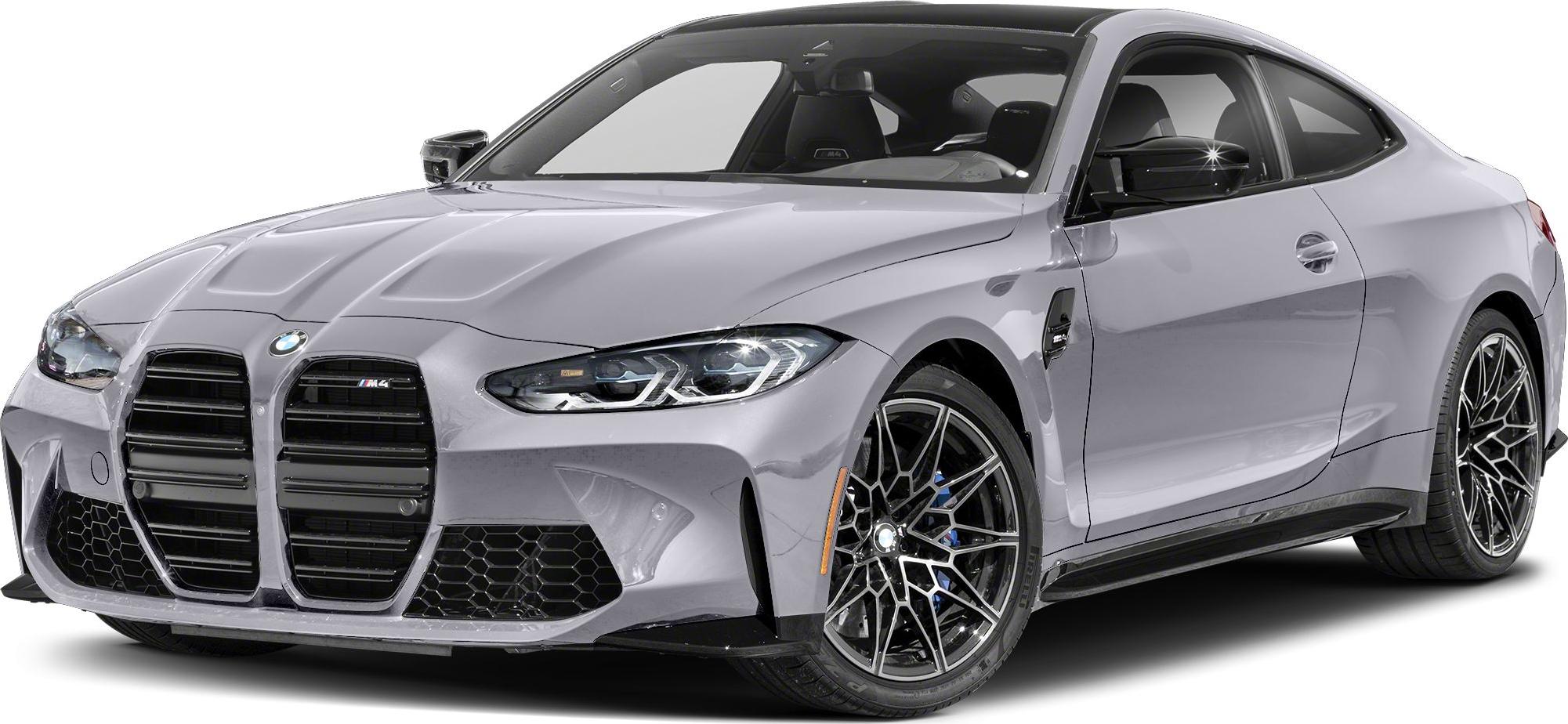 Front view of sporty coupe with large kidney grille and alloy wheels