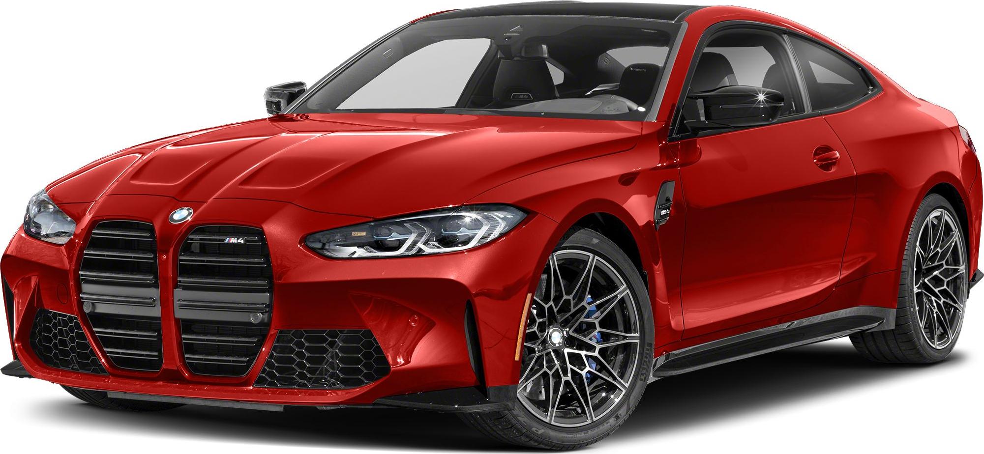 Front side view of sporty coupe with large kidney grille and intricate alloy wheels