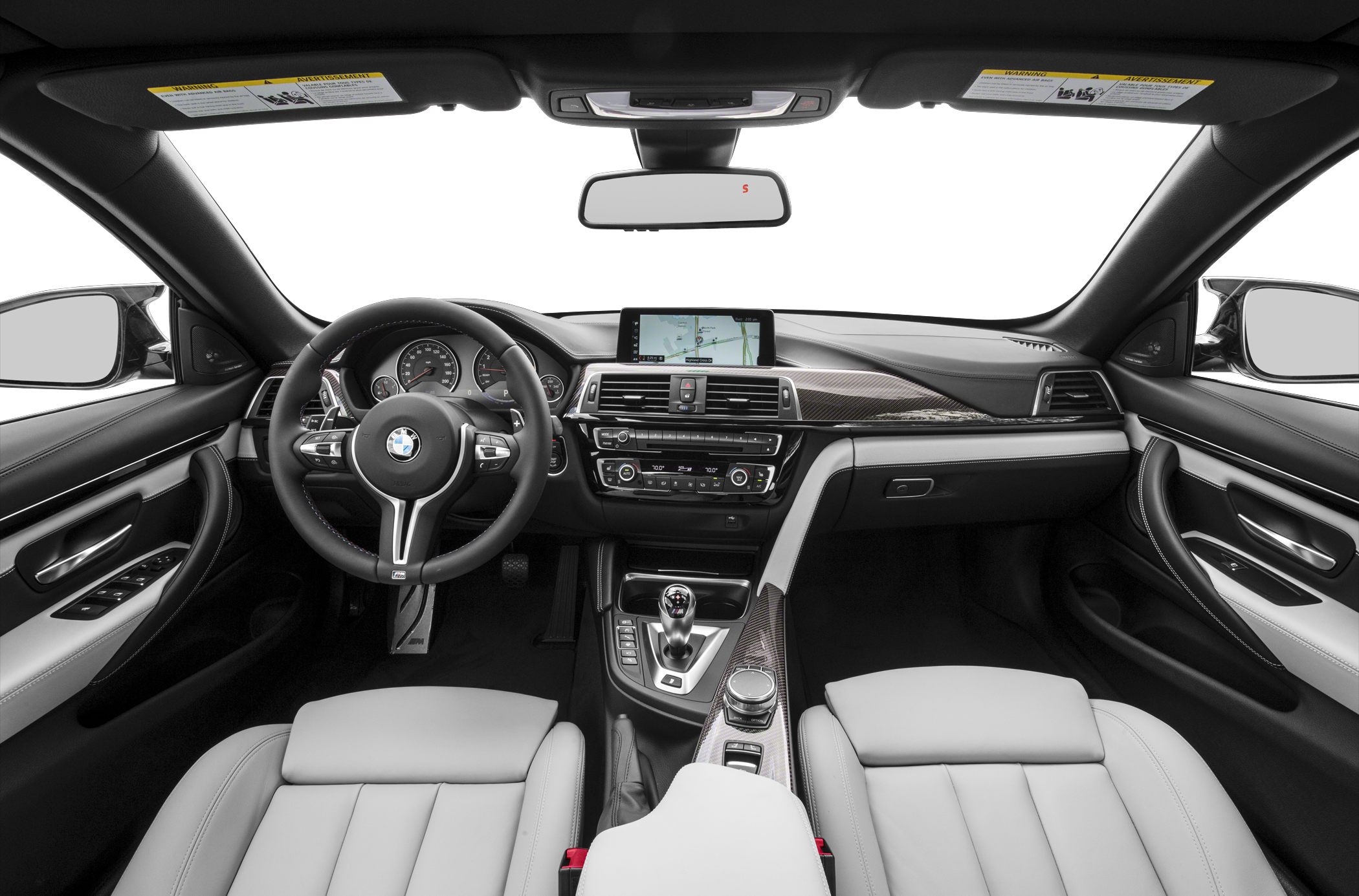 Dashboard and steering wheel with infotainment and carbon fiber trim