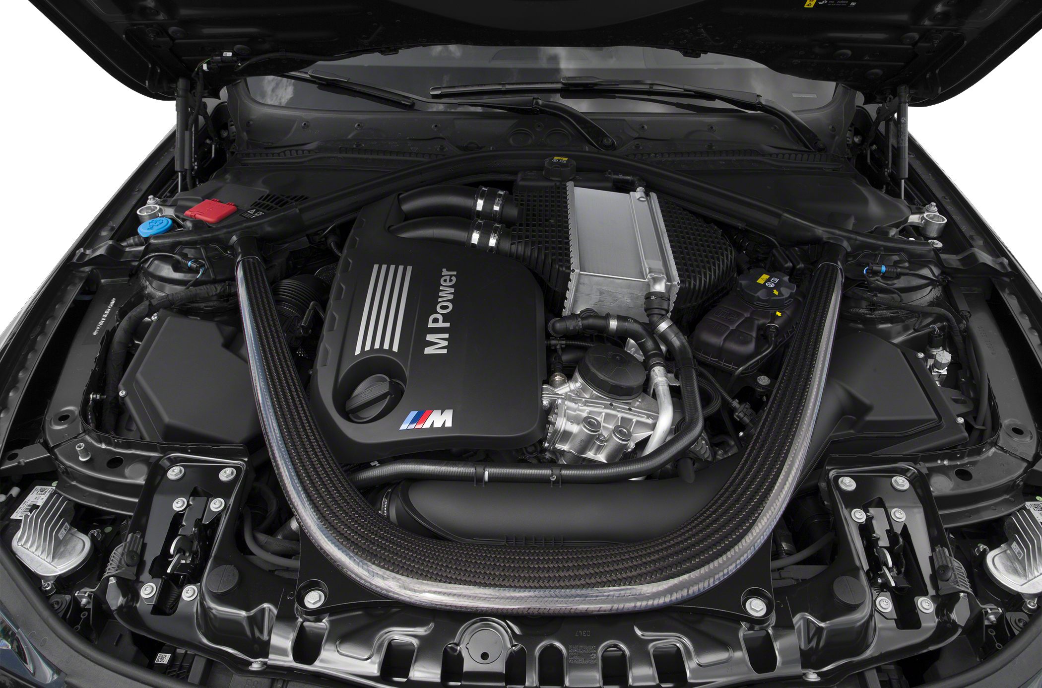 M Power engine cover and carbon fiber strut brace in engine bay