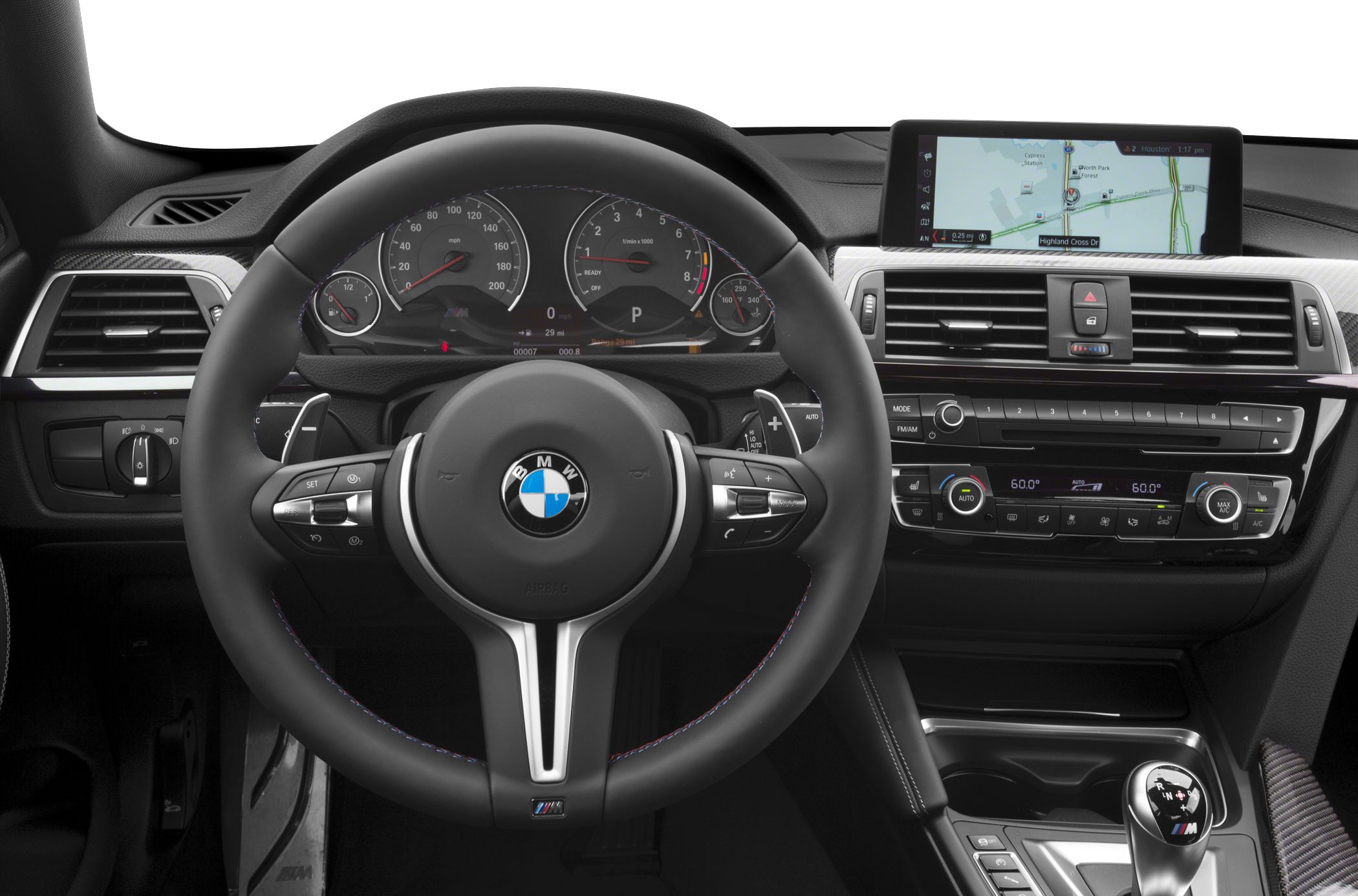 Sport steering wheel and digital dashboard with navigation screen