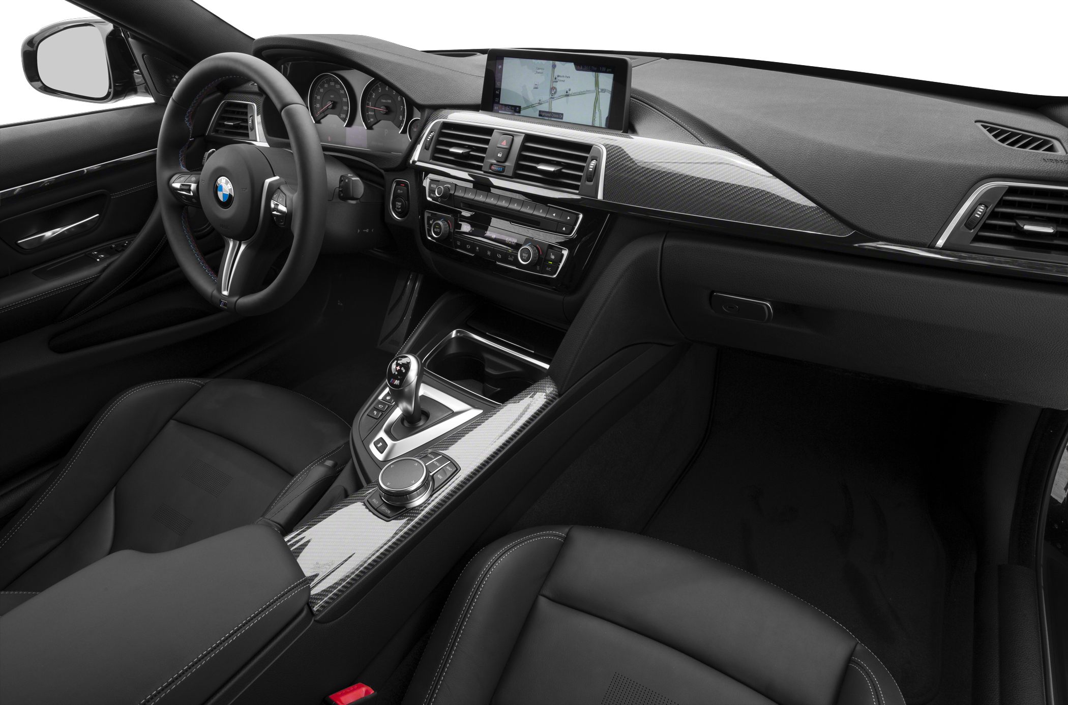 Luxury sports car interior with carbon fiber and leather seats