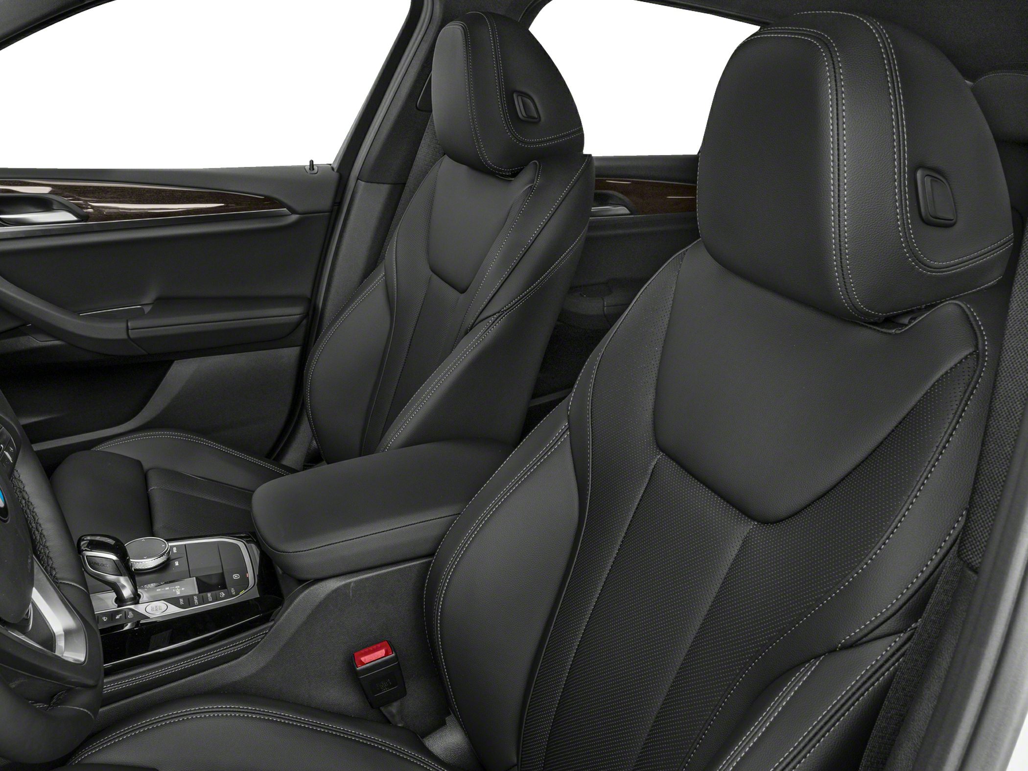 Black leather front seats and center console with stitching