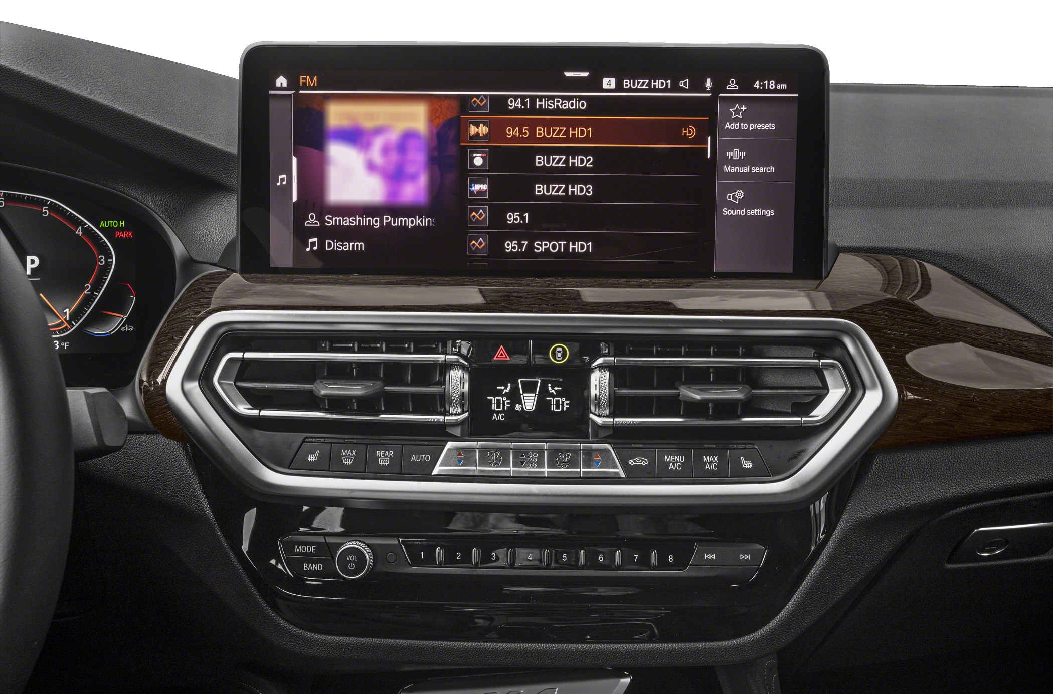 Car infotainment touchscreen with radio and dual-zone climate control