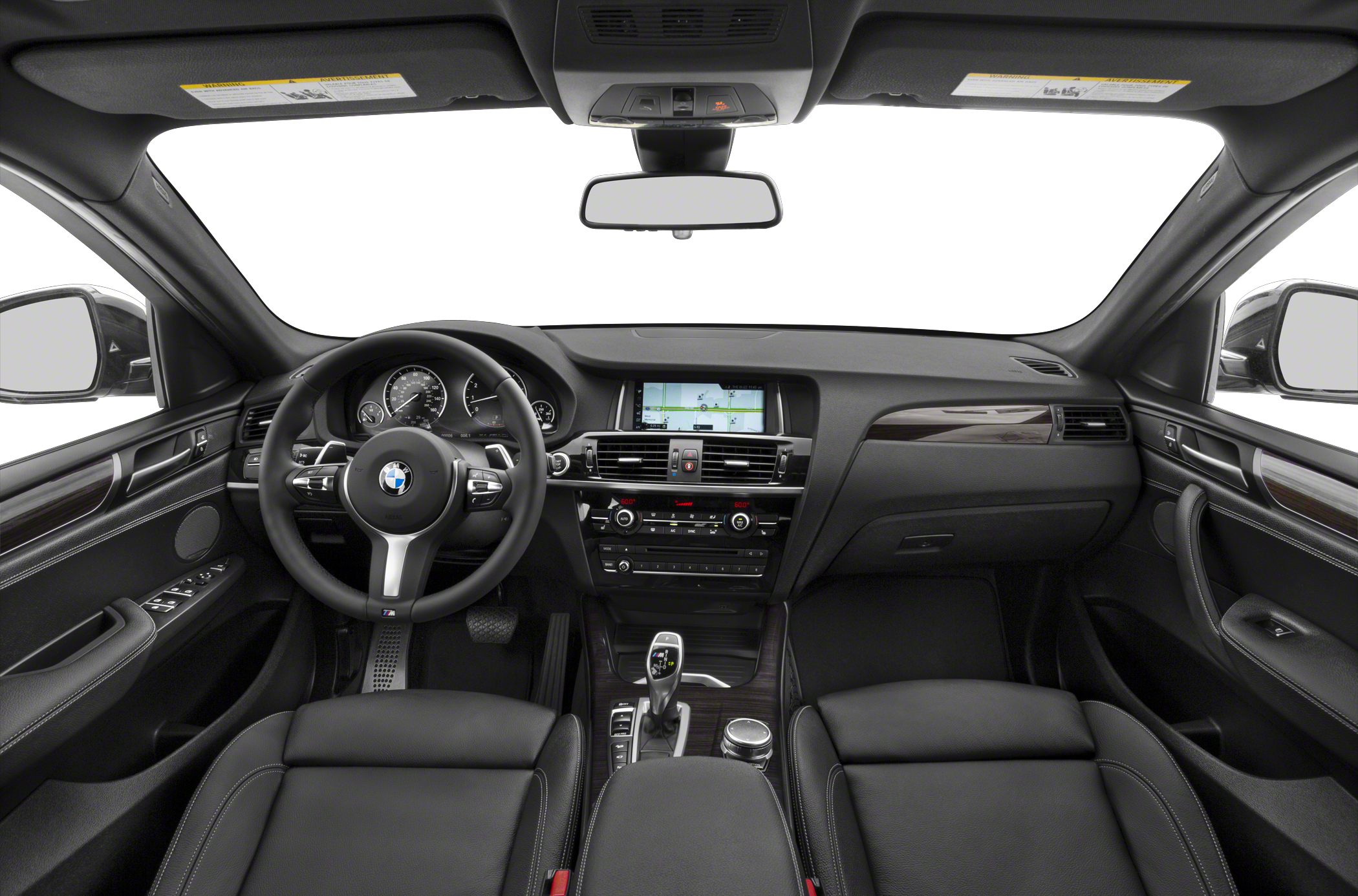 Interior view of dashboard, steering wheel, and infotainment system