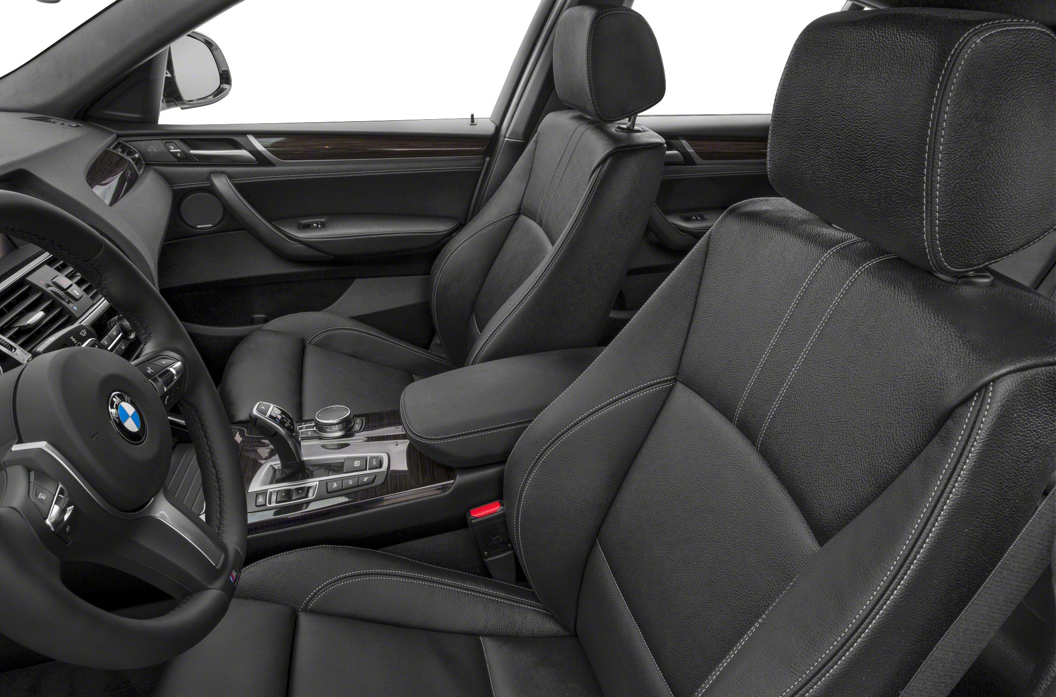 Black leather seats and wood-trimmed dashboard
