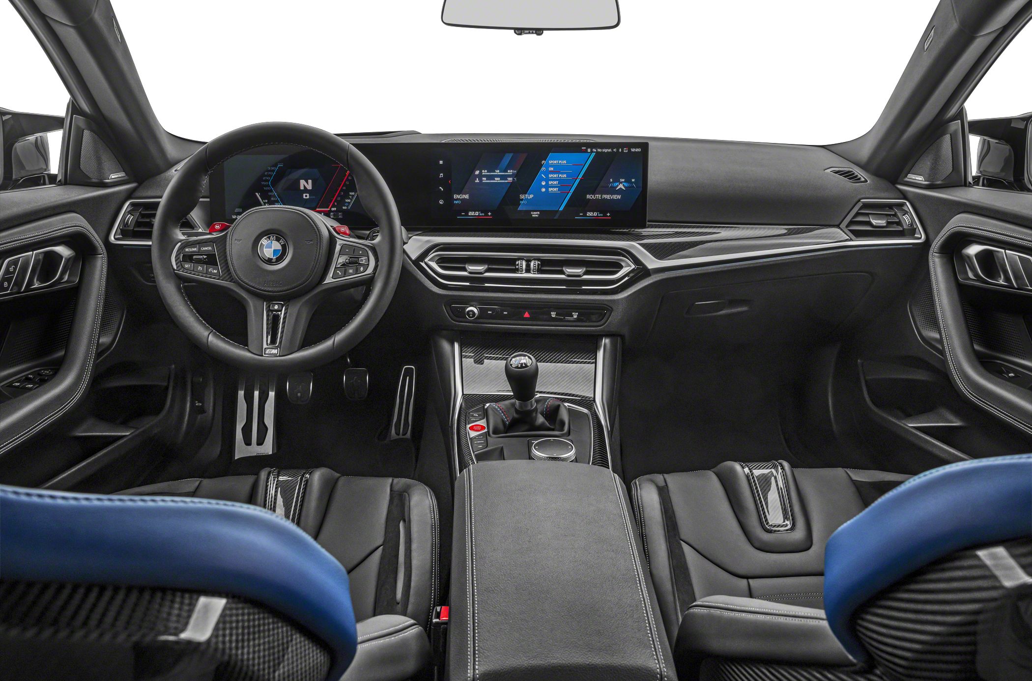 Digital cockpit and manual transmission gear shifter in sporty interior