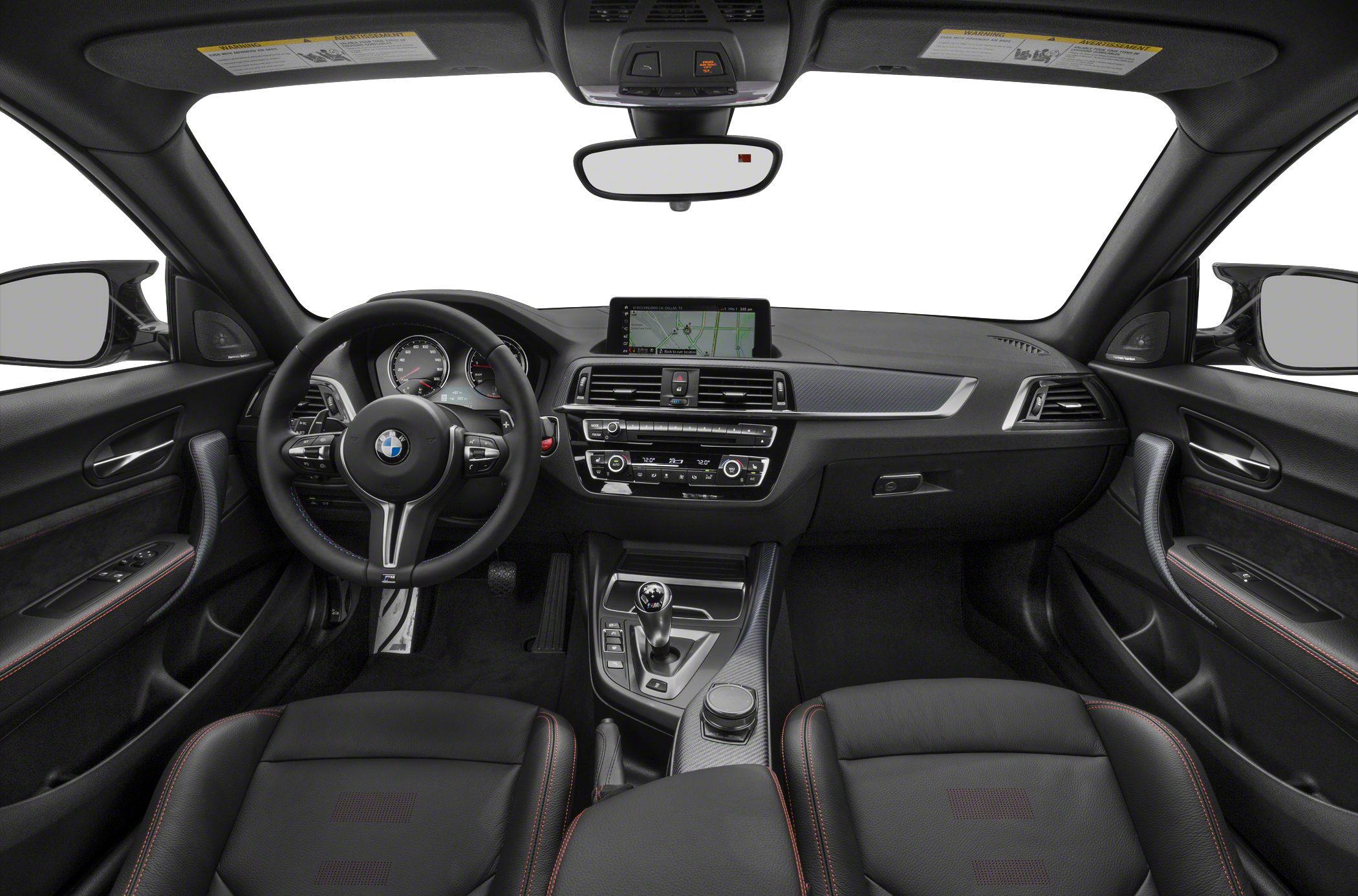 Sporty steering wheel and modern dashboard with infotainment system.