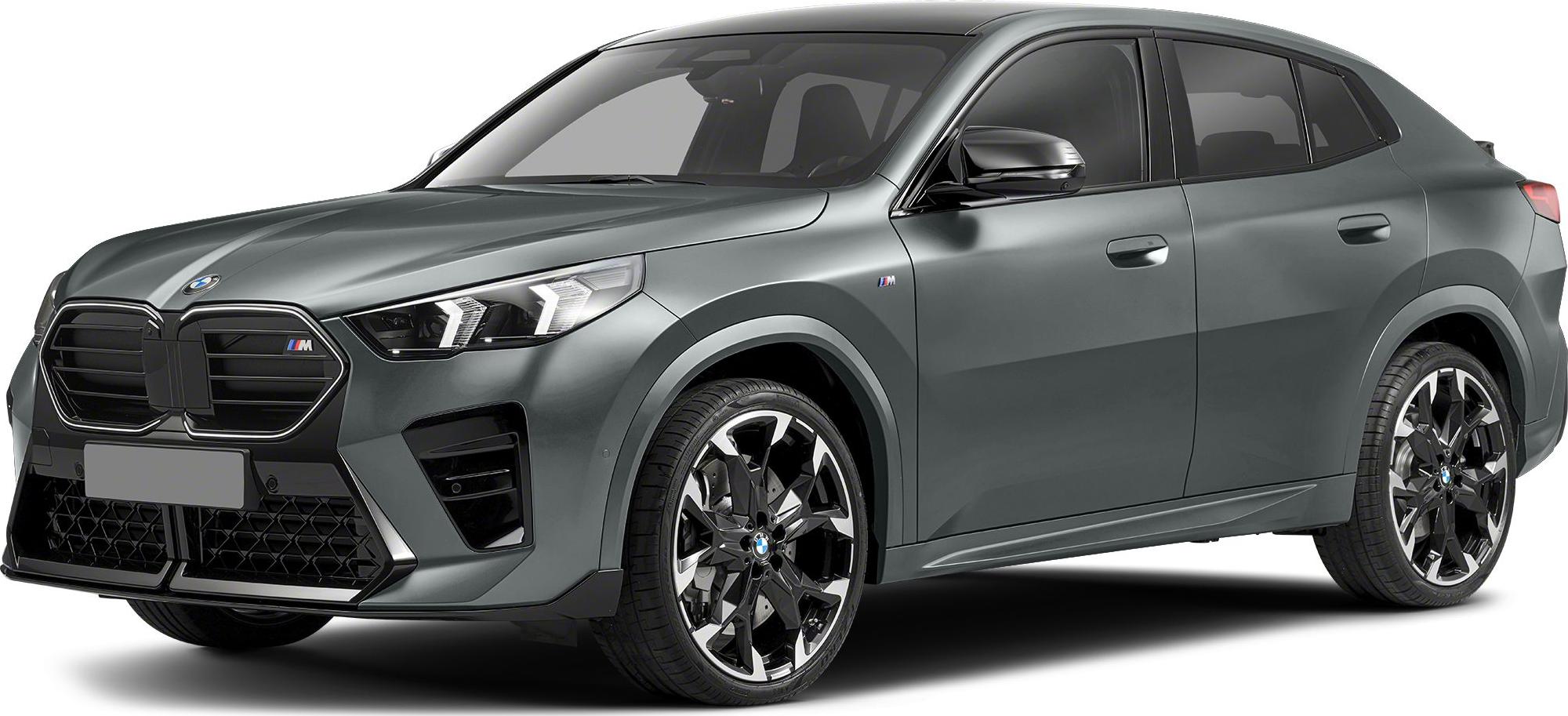 Front side view of sleek vehicle with sporty grille and alloy wheels