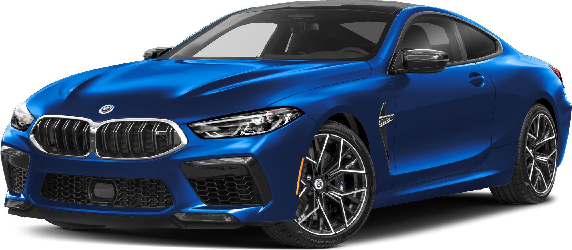 Front and side view of a blue sporty coupe with kidney grille and alloy wheels