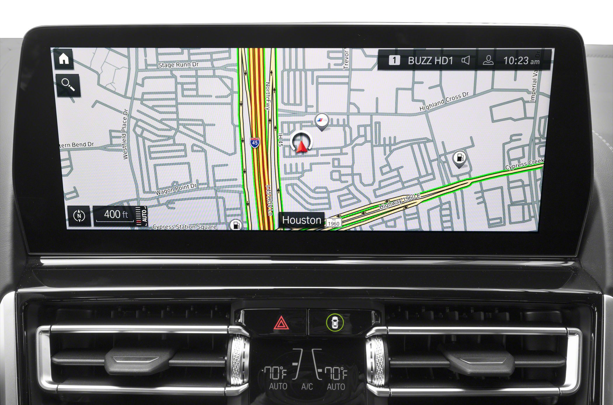 In-dash navigation screen with dual-zone climate control interface