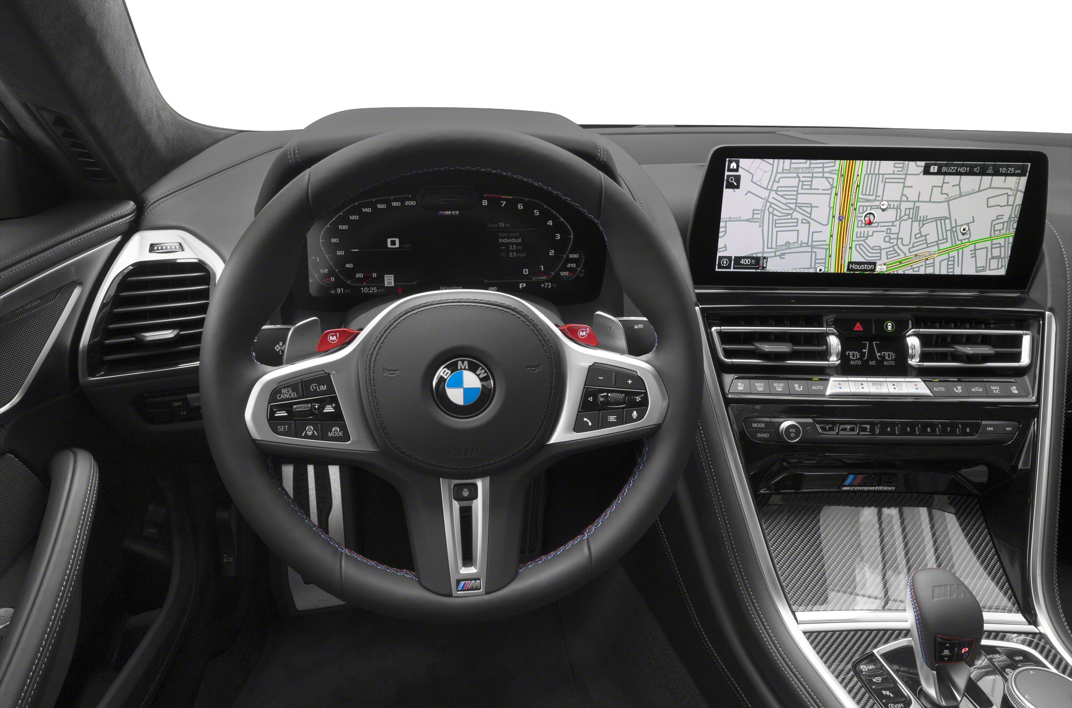 Digital instrument cluster and navigation screen on luxury sports steering wheel