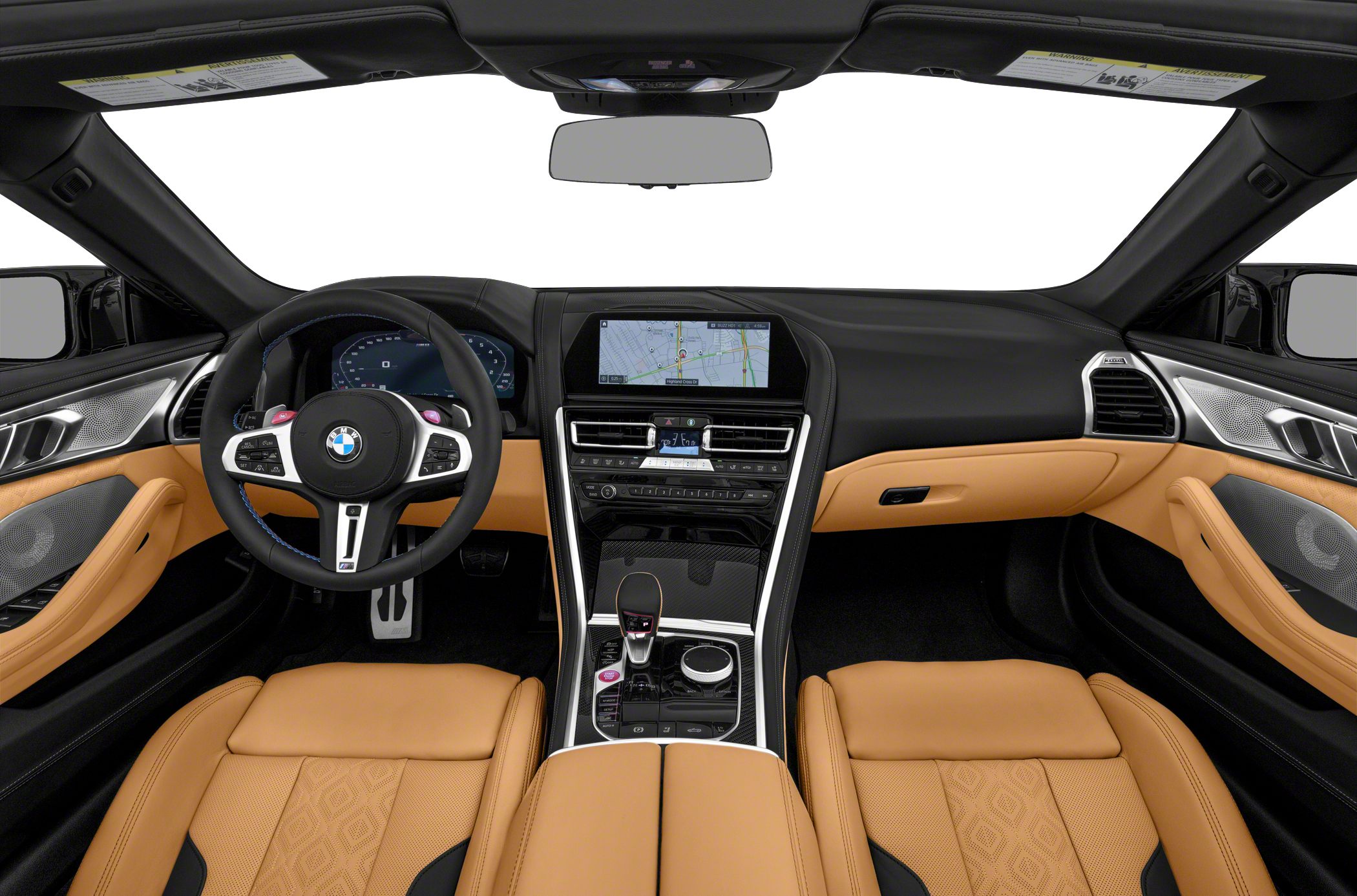 Luxury car interior with digital dashboard and tan leather seats