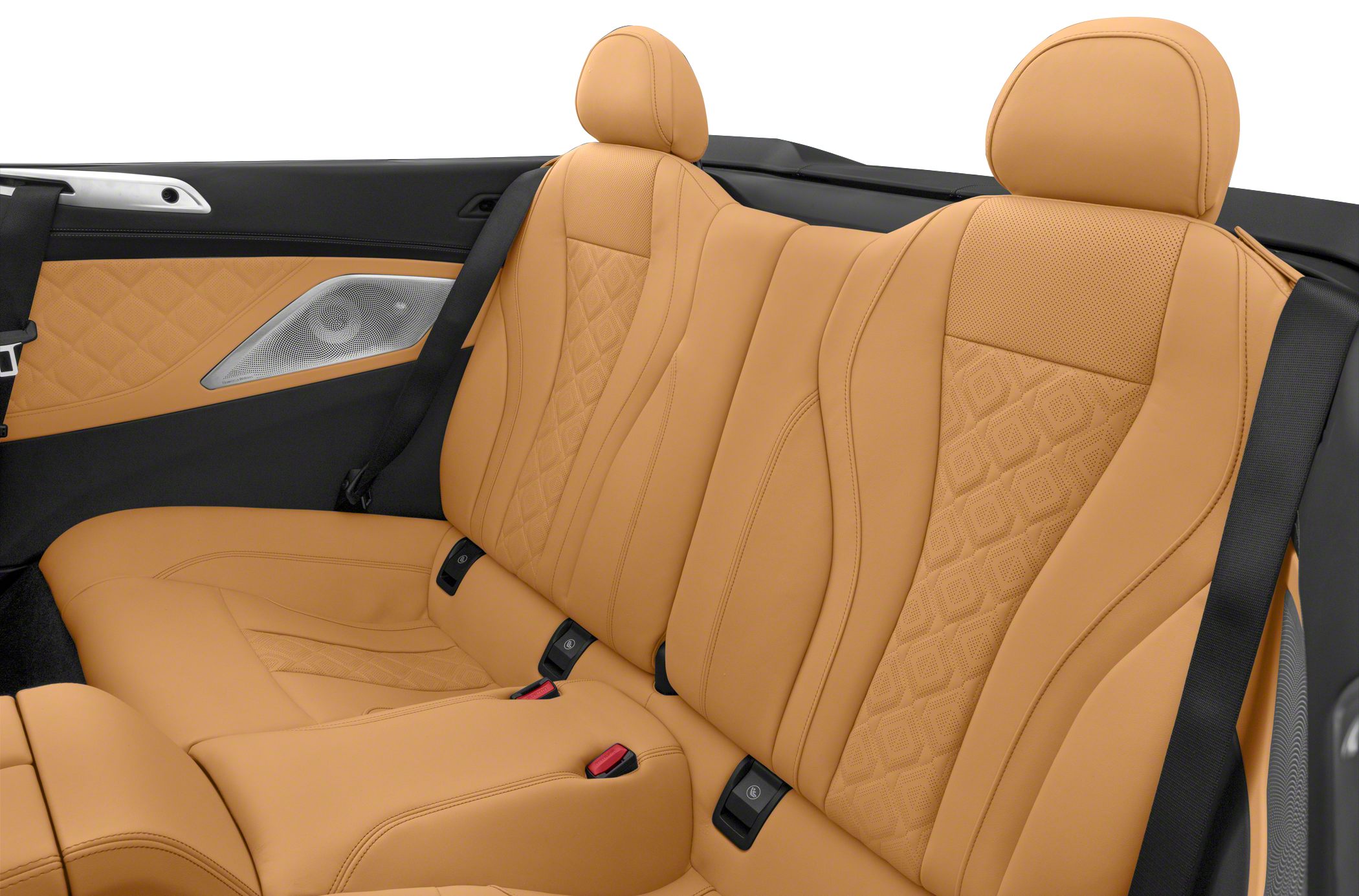 Tan leather rear seats with quilted upholstery and integrated speaker panel in convertible interior