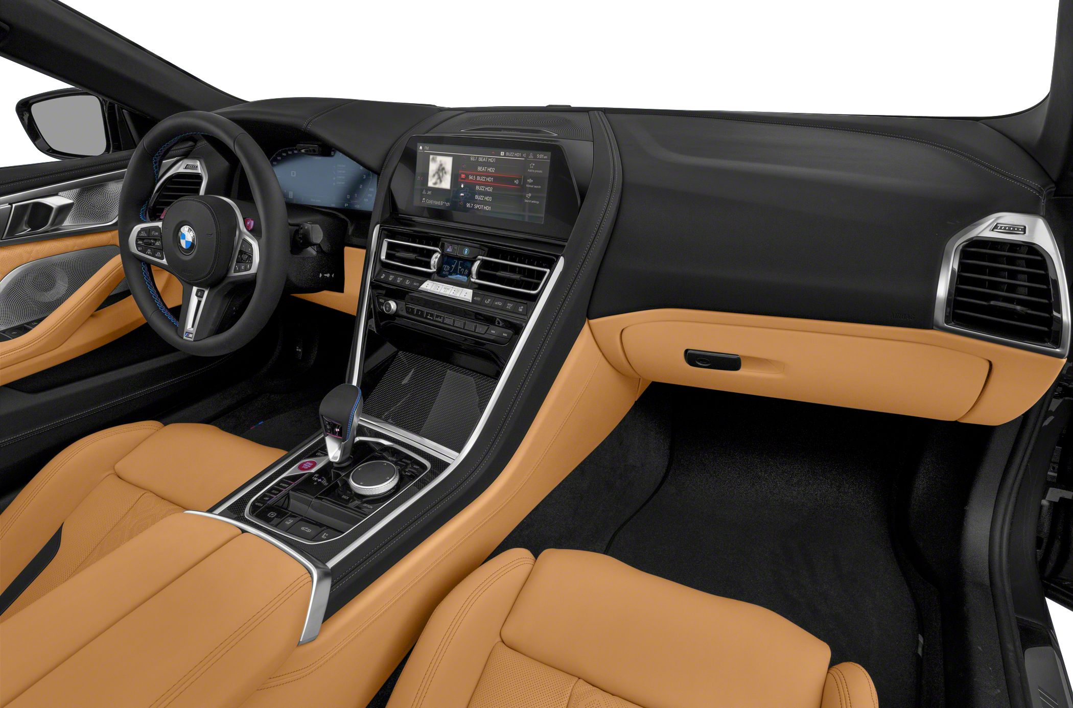 Luxury tan leather interior with modern dashboard and infotainment controls