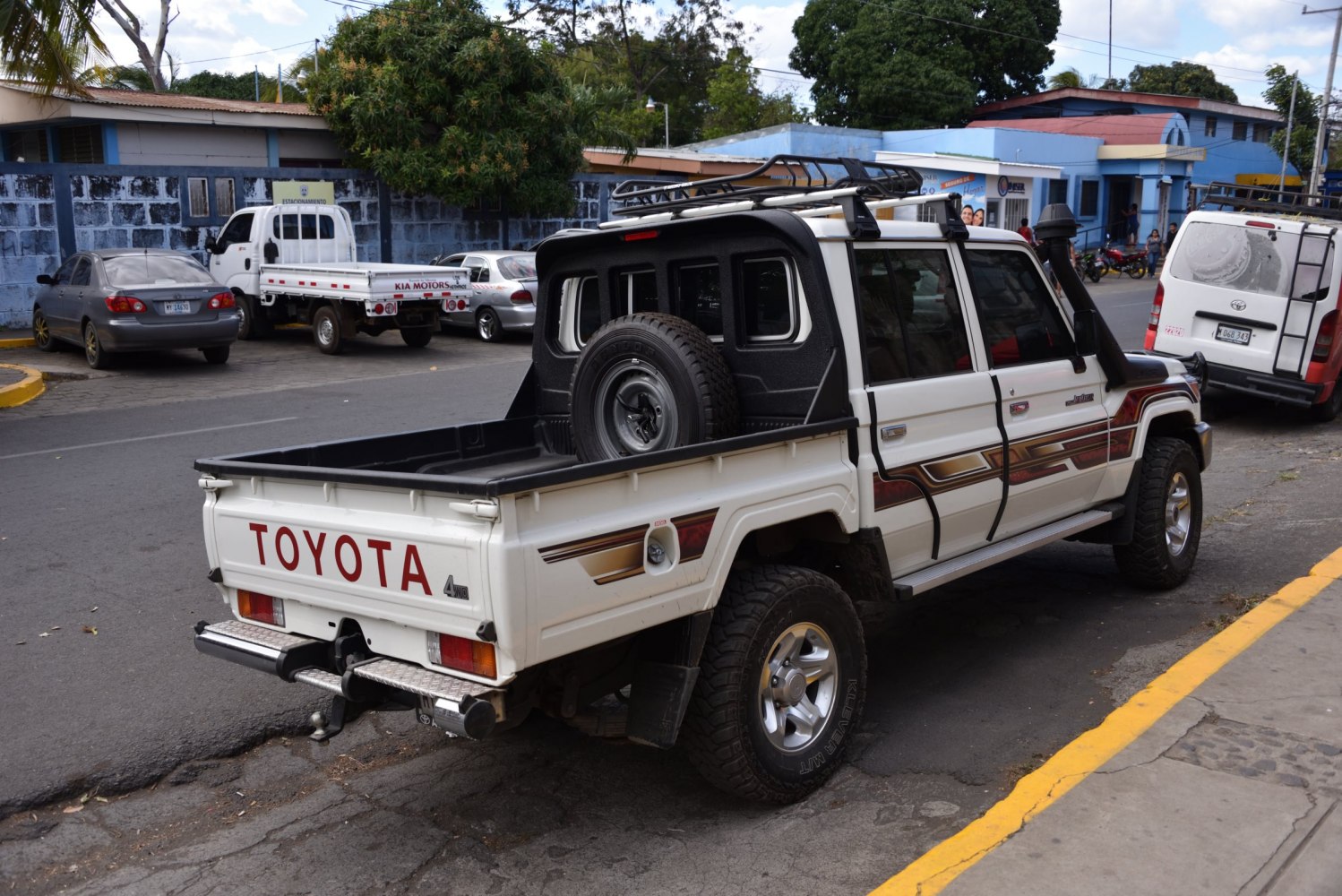 Rear view of pickup truck with cargo bed and spare tire mount
