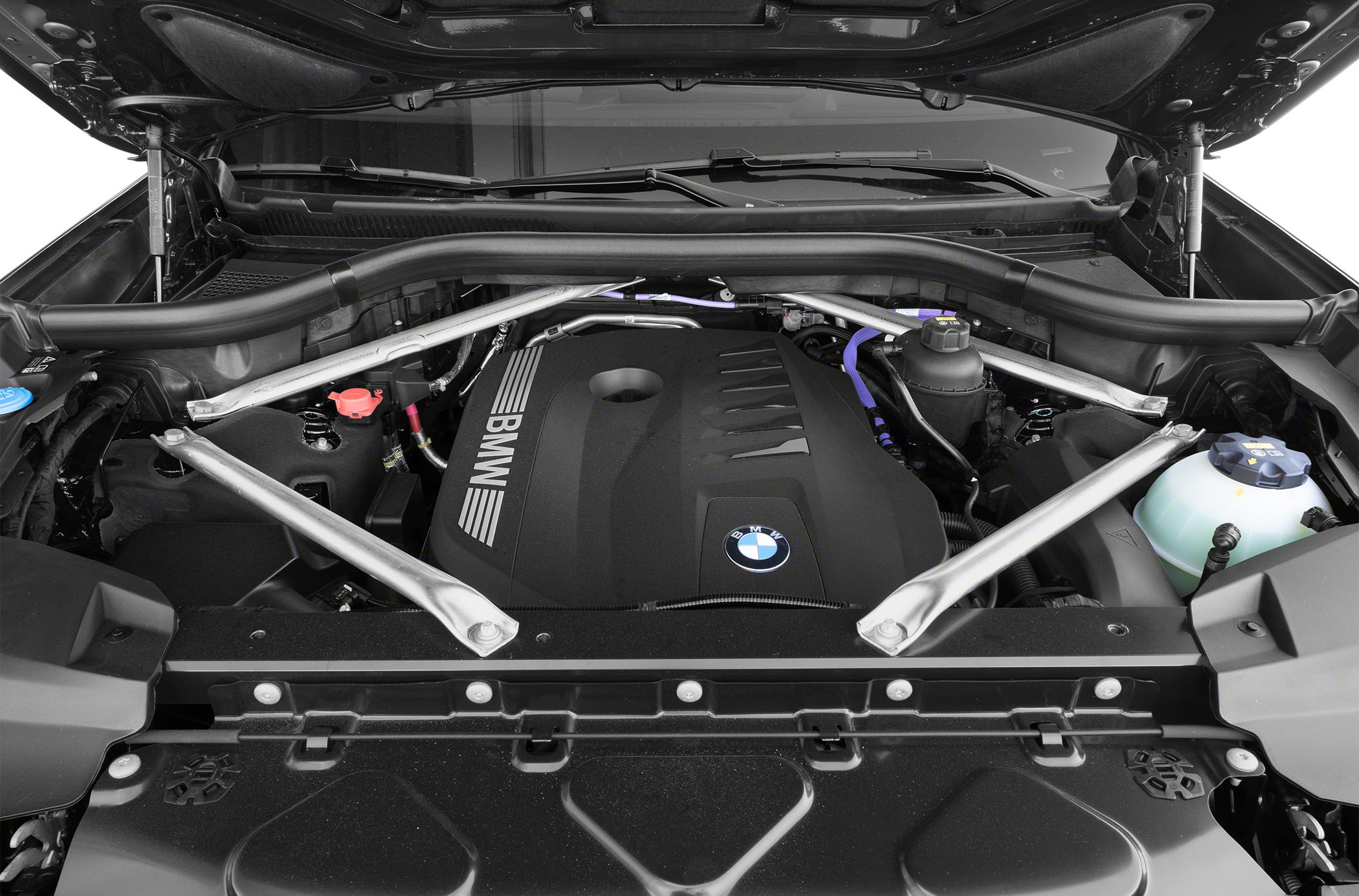 BMW engine bay with engine cover and strut brace structure