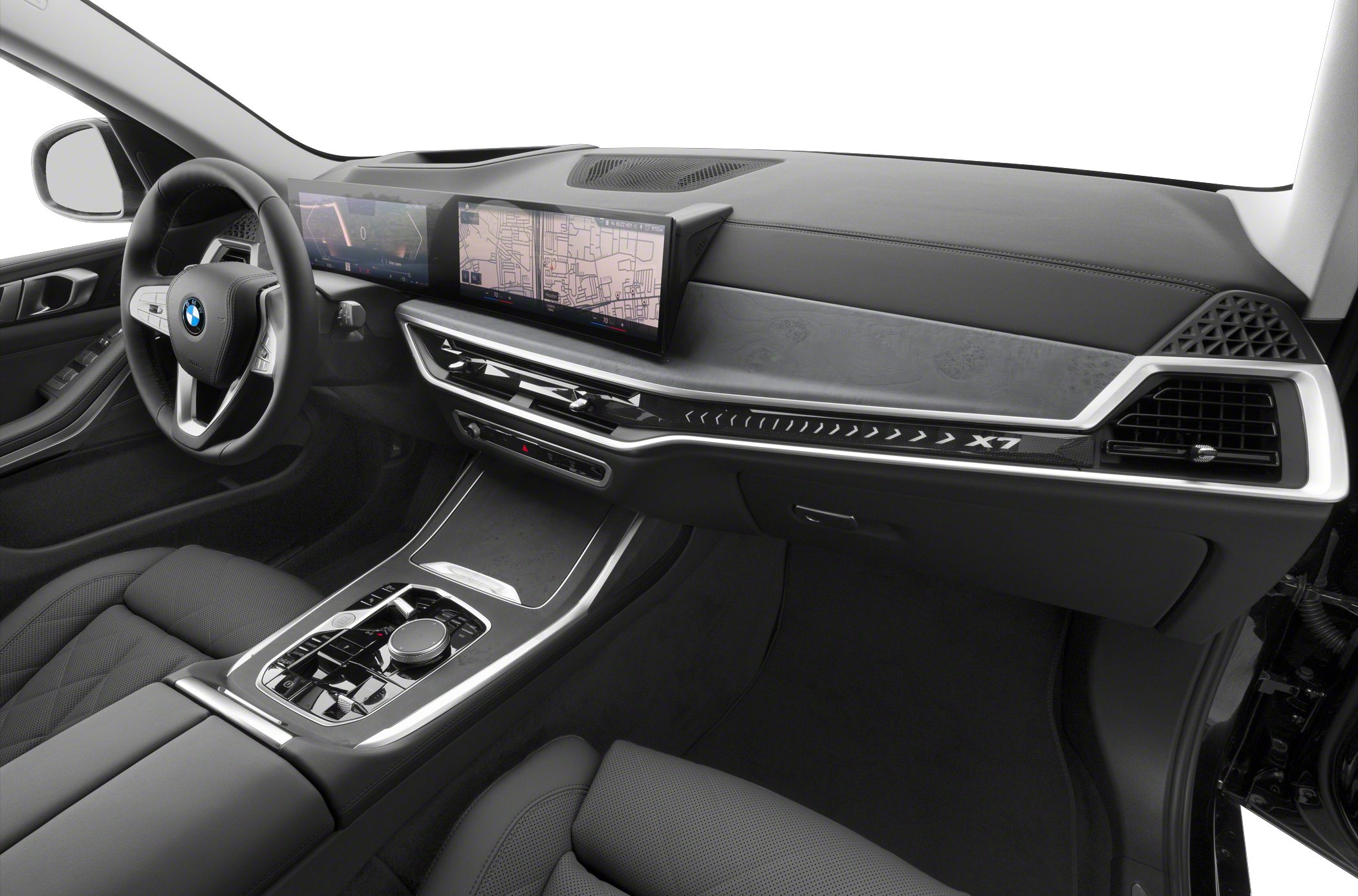 Dual widescreen digital displays and sleek modern dashboard design.