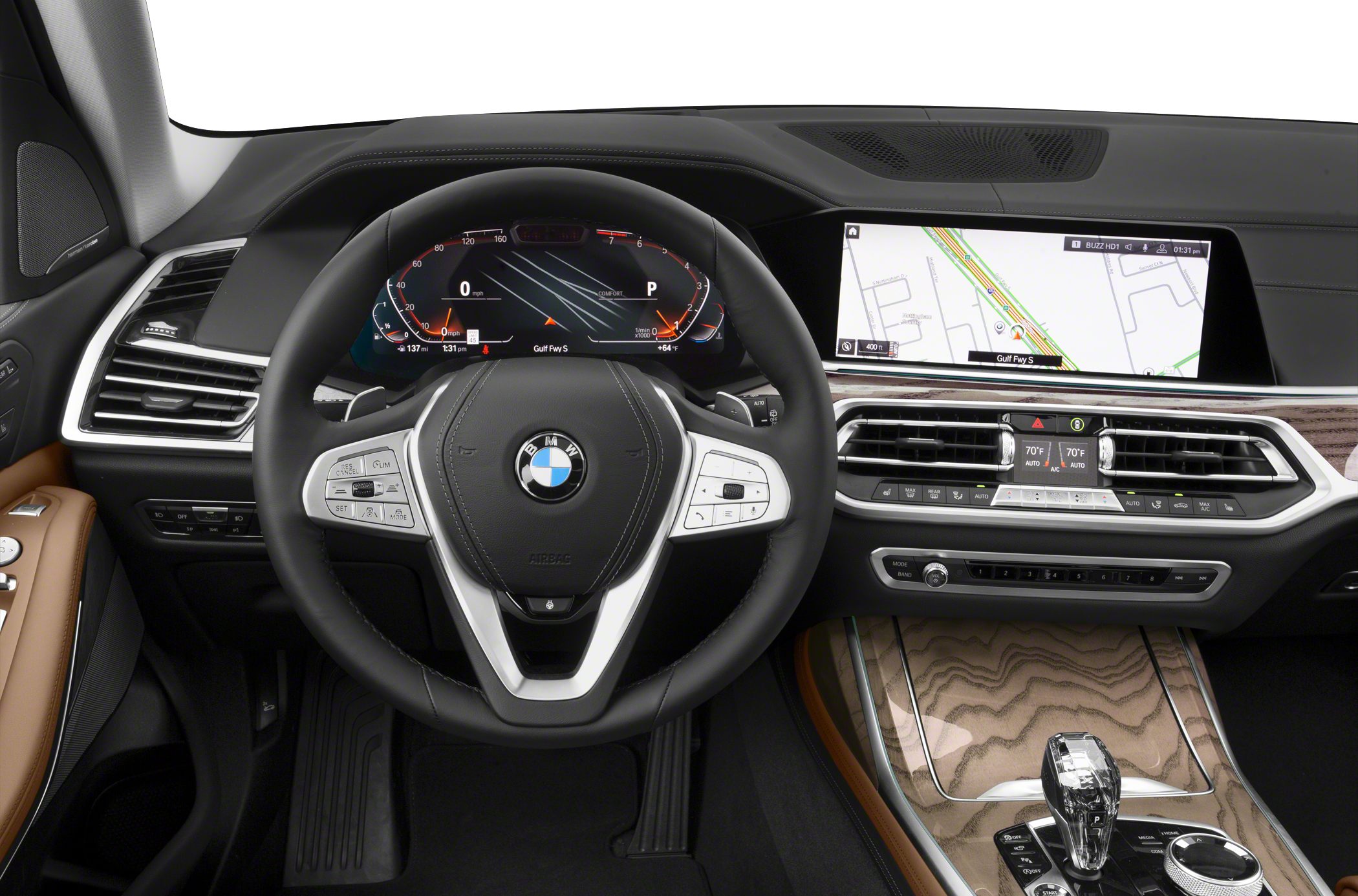 Digital instrument cluster and infotainment dashboard with wooden center console trim