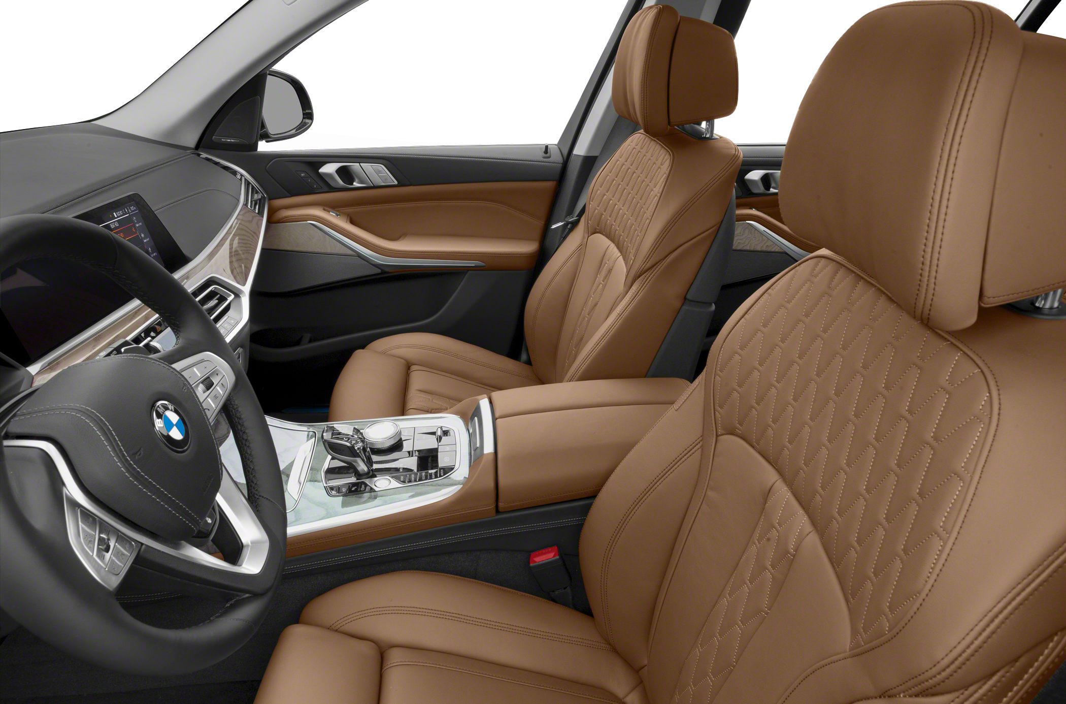 Brown leather seats with stitched pattern, sleek dashboard, and center console