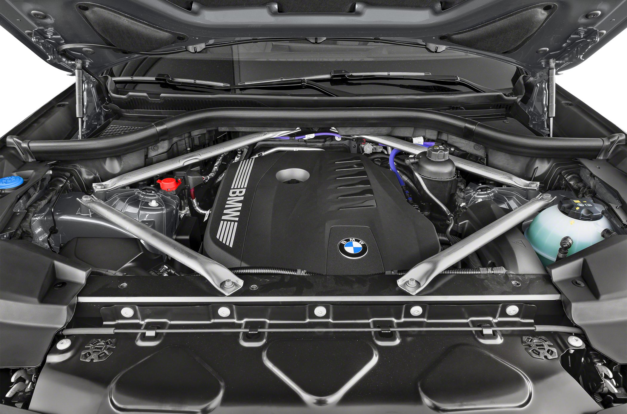Engine bay with BMW logo and structural braces