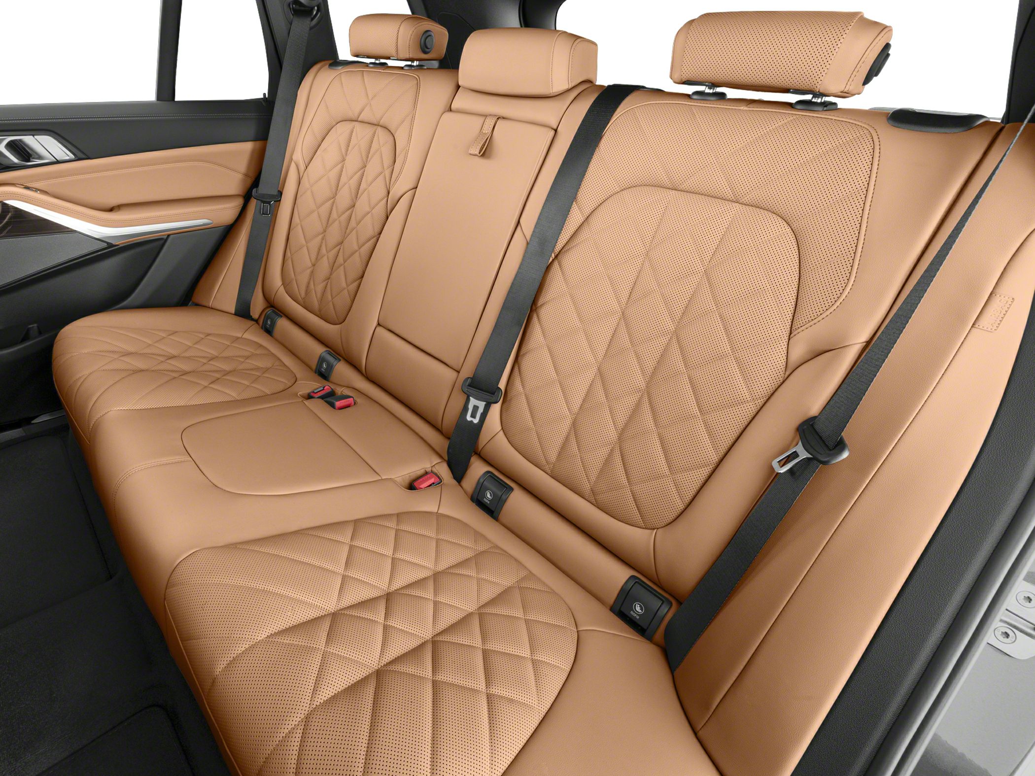 Luxury brown leather rear seats with diamond stitching and seat belts