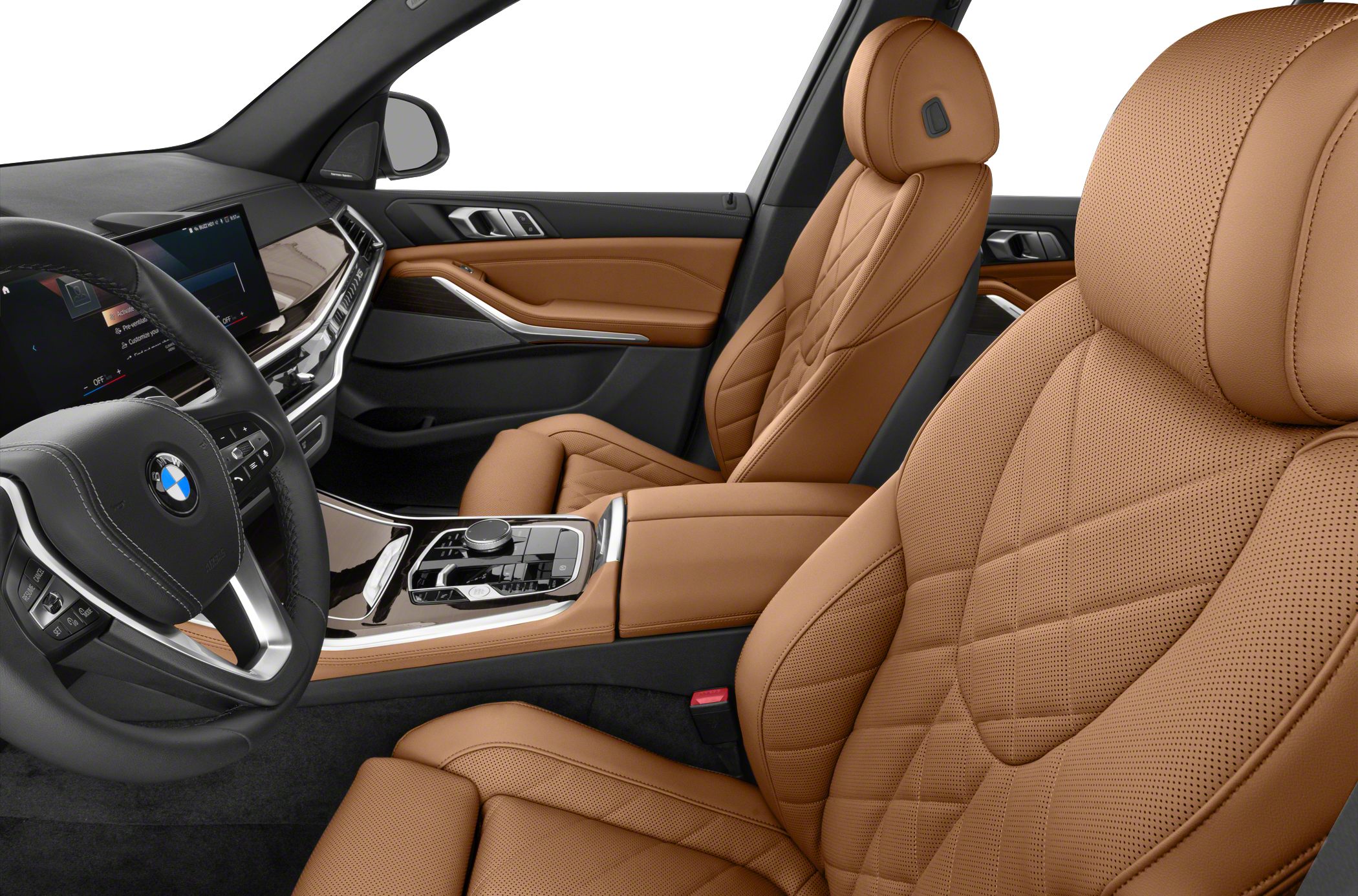 Luxury brown leather seats with detailed stitching and modern dashboard controls